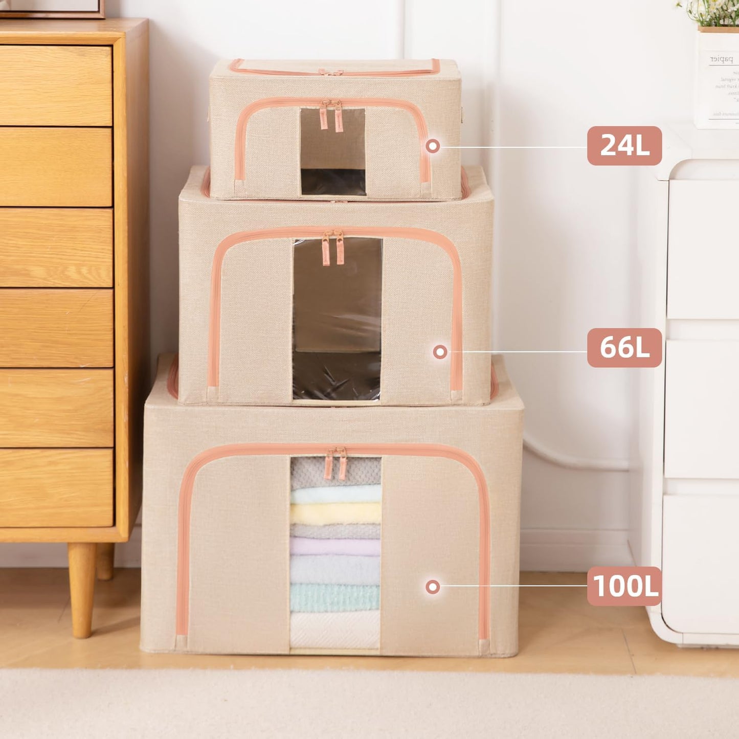 3 Pack 100L Stackable Clothes Storage Bins with Metal Frame Handles & Zipper, Collapsible Closet Organizer Box with Lid for Bedding Blankets Towel (Beige)