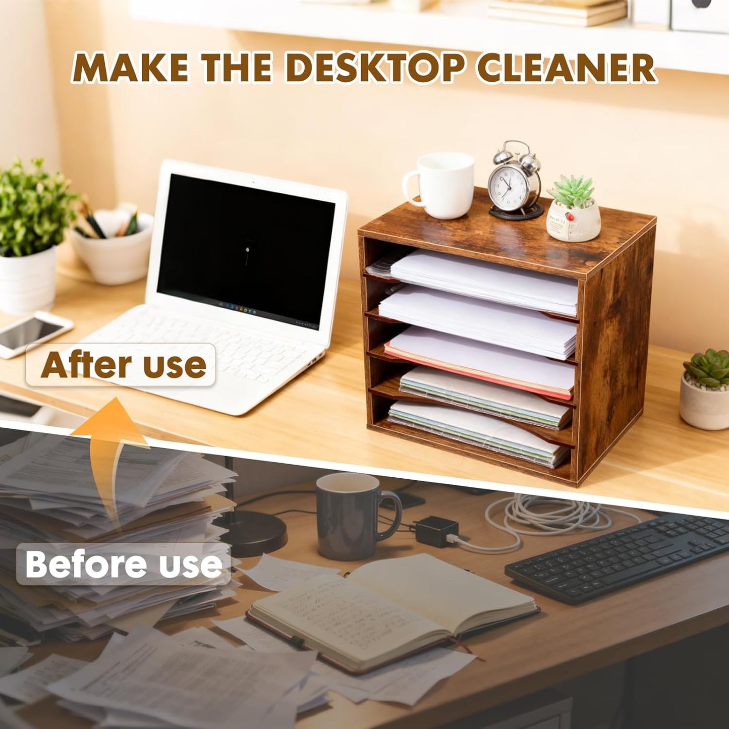 EMERIT Paper Organzier Wood Desktop Organizer Storage Letter Tray File Sorter with Adjustable Shelves for Home Office