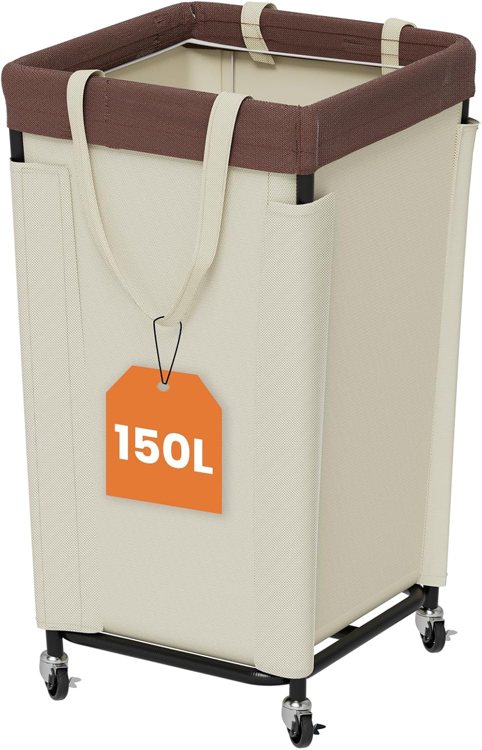 Laundry Basket with Wheels, Laundry Hamper with Removable Bag and Steel Frame, 160L Rolling Dirty Clothes Basket for Bedroom, Bathroom, Laundry Room (White-Brown)