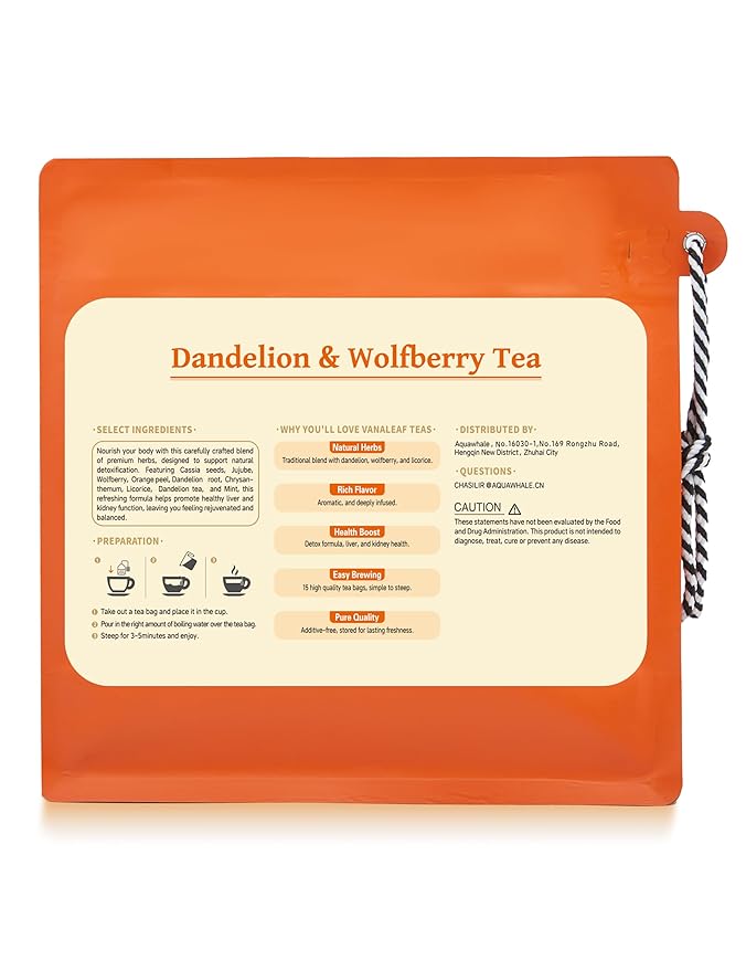 Organic Dandelion Root & Wolfberry Detox Tea Bags - Liver & Kidney Health Support, 15 Compostable Corn Fiber Bags (Caffeine-Free, Plastic-Free, Cleanse & Repair Formula)