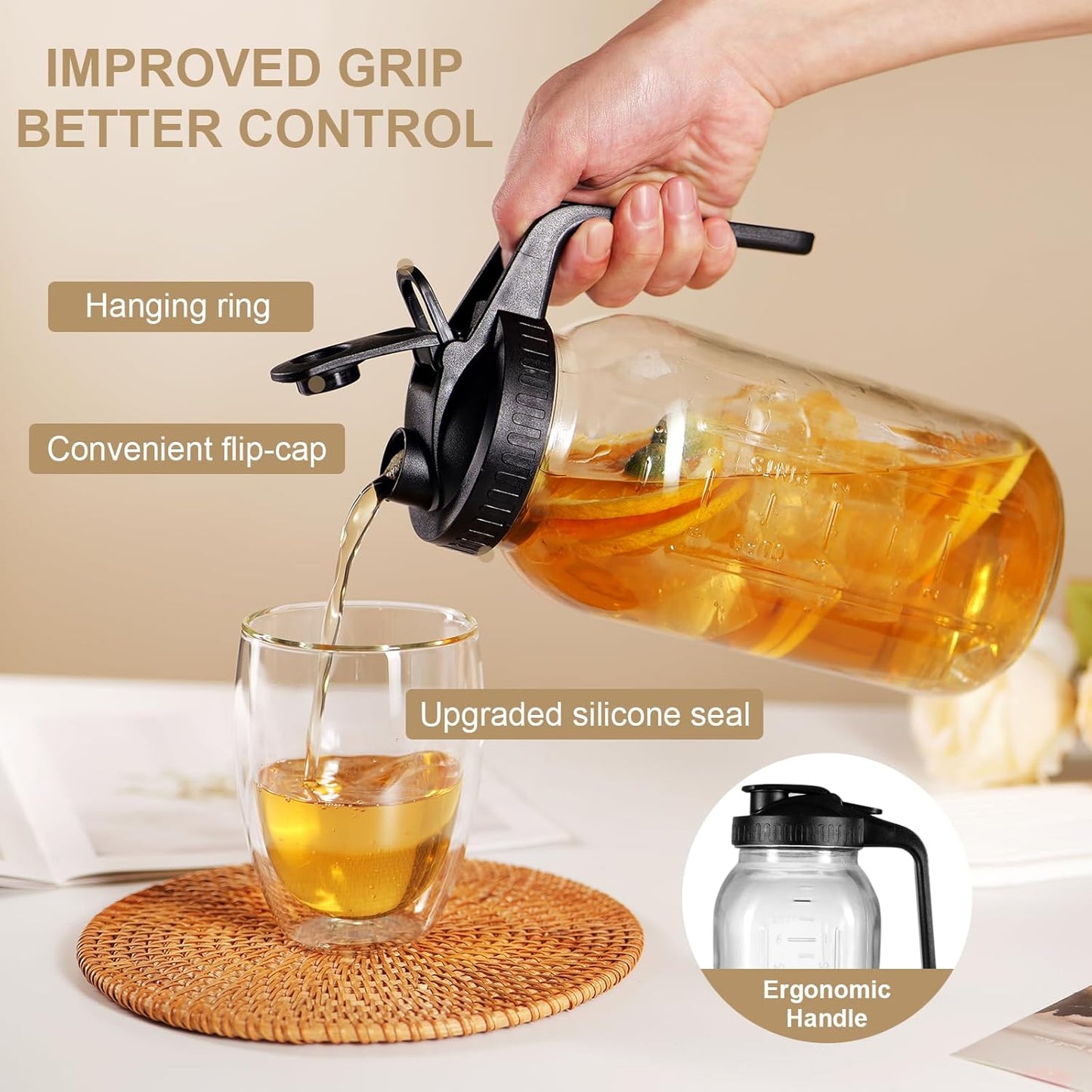 64 oz Glass Pitcher with Lid for Fridge, Half Gallon Pitcher with Lid, Leak Proof, Wide Mouth, 1/2 Gallon Glass Juice Jug for Ice Tea and Coffee (Black)