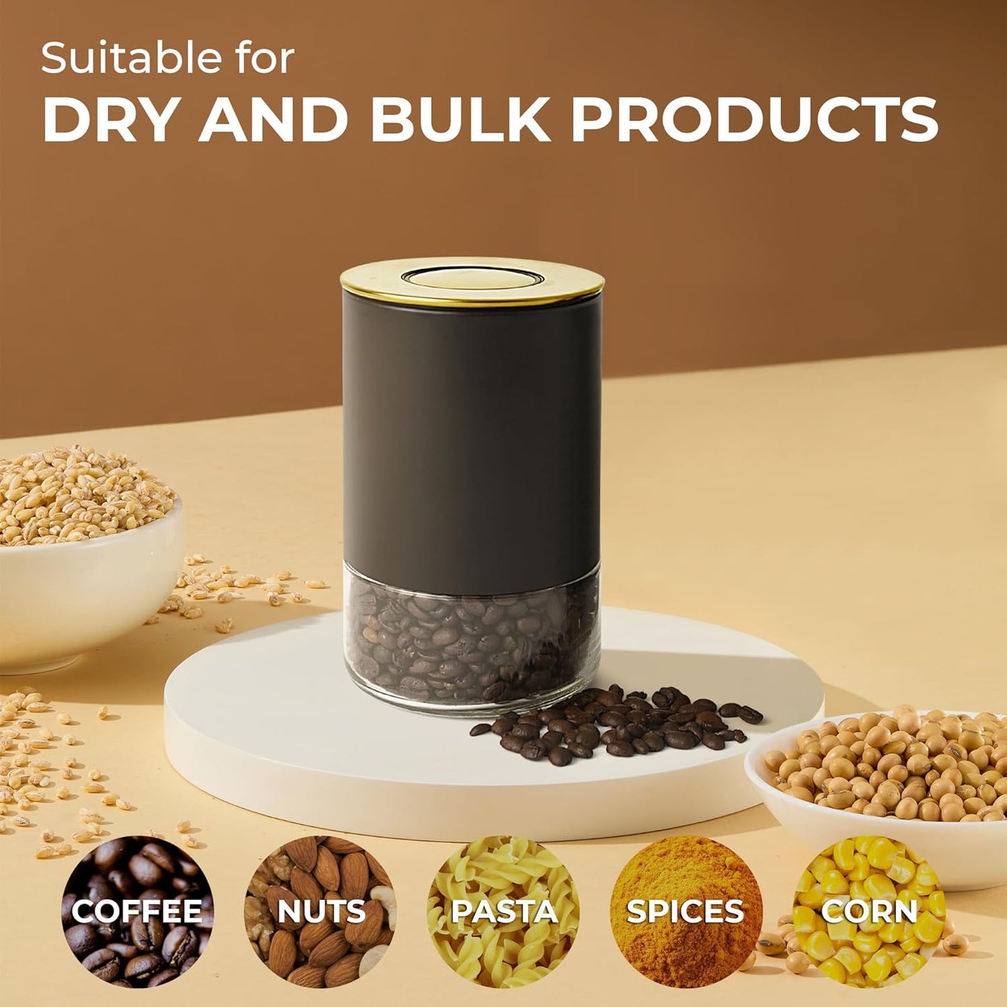 Kaffe Glass Coffee Canister (8oz) w/Airtight Lid - Click to Release Seal - BPA Free Glass & Stainless Steel - Elegant Kitchen Storage Container for Coffee, Nuts, Rice, Flour, Sugar, Tea, Cereal