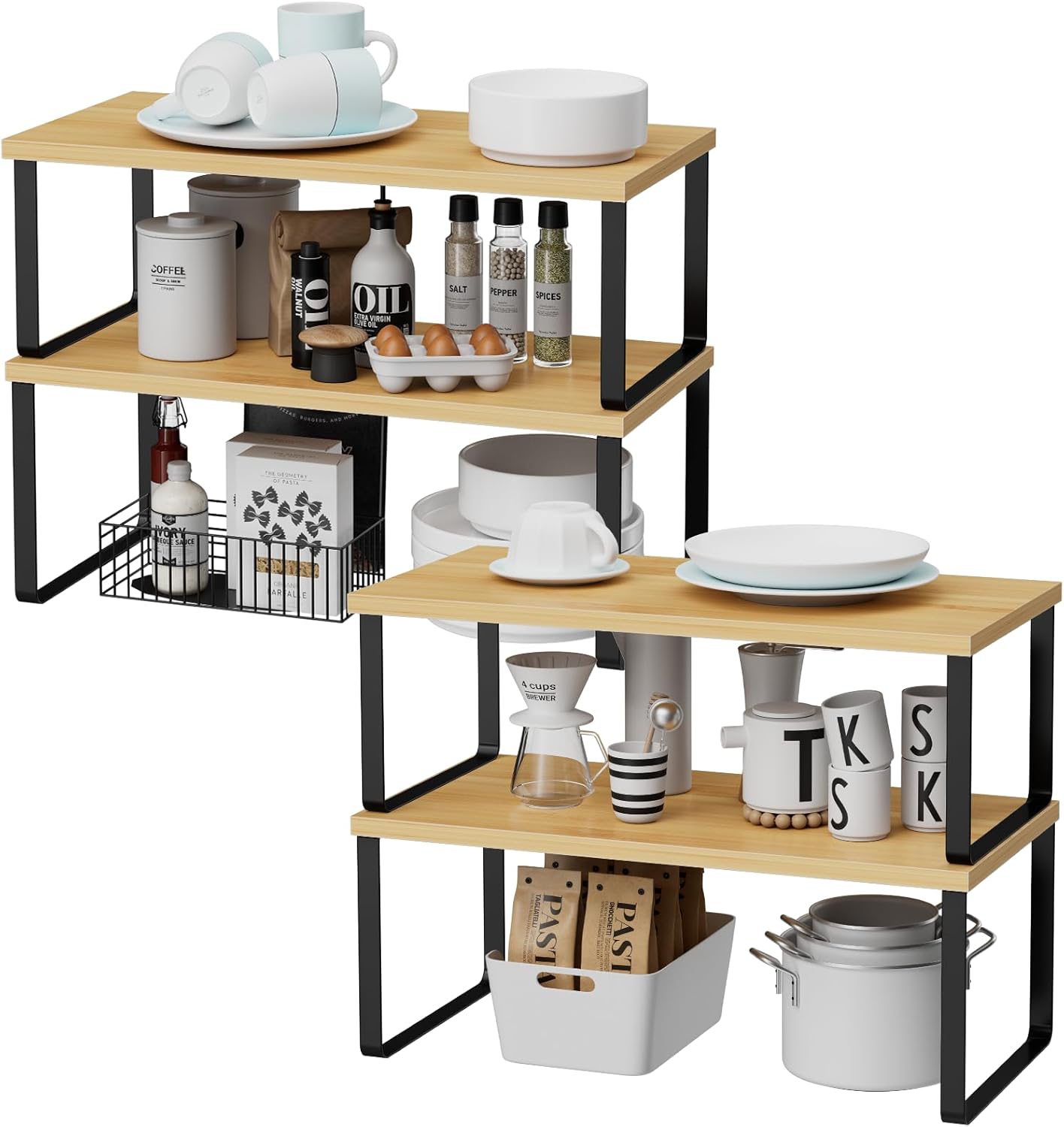 Cabinet Shelf Organizers, 15.7 inches Large Kitchen Counter Shelf, Set of 4 Wood Kitchen Pantry Organizer, Storage Shelves for Countertop, Spice Rack, Stackable, Expandable, Metal Black, Nature