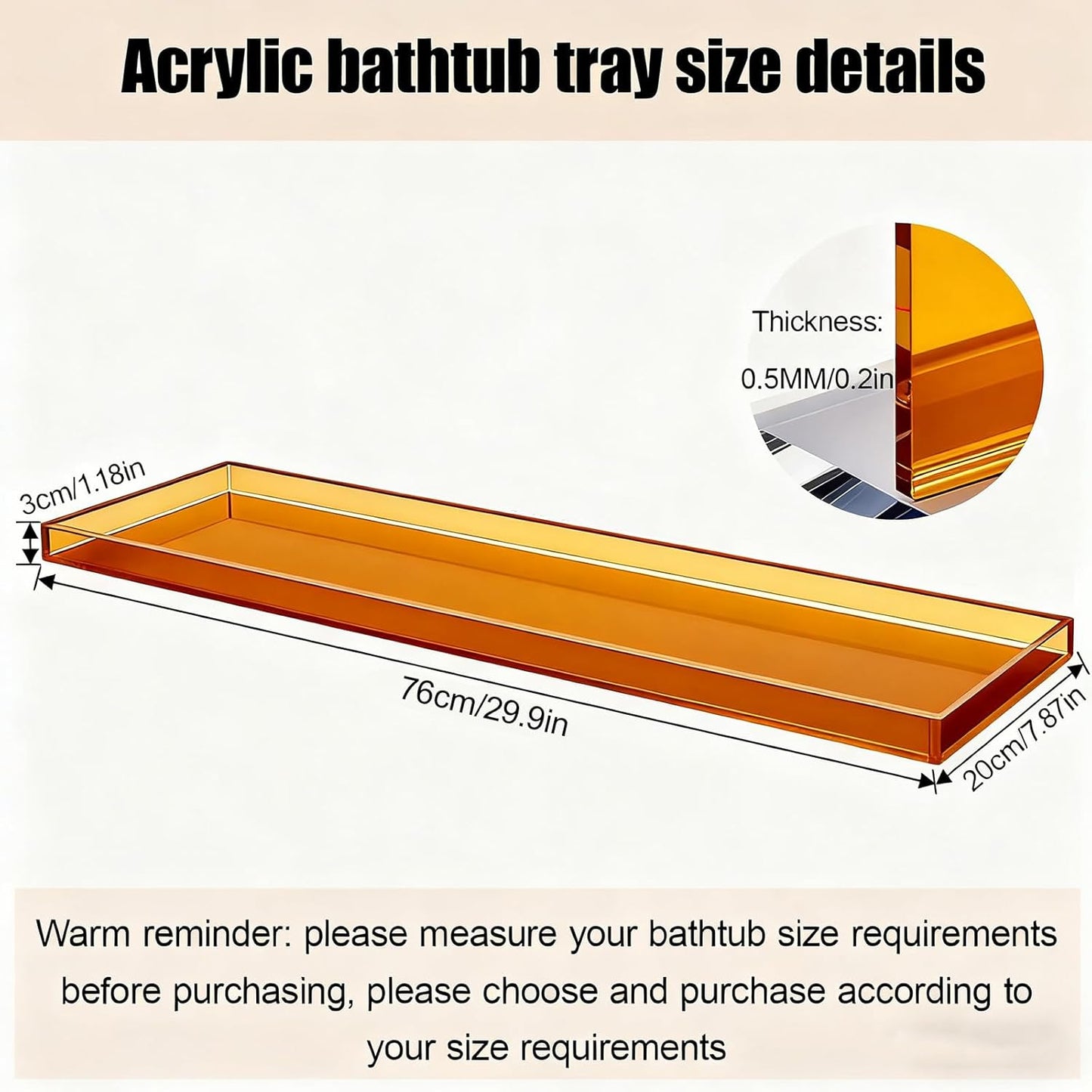 Bathtub Tray Table, Clear Acrylic, Anti-Slip Bath Caddy, (Amber, L29.9 x W7.87 x H1.18)