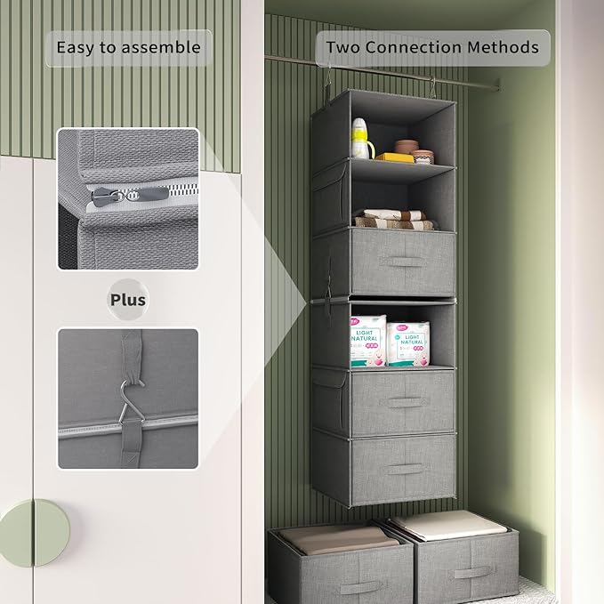 Vailando 6-Tier Hanging Shelves for Closet, Two 3-Shelf Hanging Closet Organizer w/ 4 Side Pockets and 3 Drawers, Combinable for Dorm Wardrobe Organizer and RV Storage and Organization