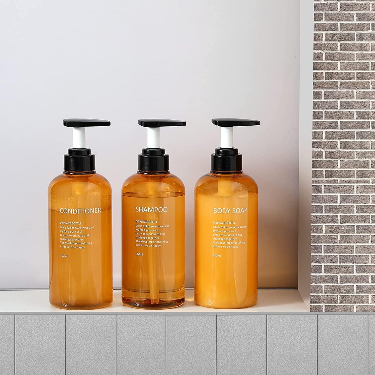 3 Pack Shampoo Bottle Pump Dispenser, 500ml Empty Plastic Soap Dispenser Bottle with Pump for Bathroom, Kitchen or Hotel, Refillable Dispenser for Lotion, Shower Gel and Conditioner (Amber-FBM)