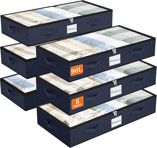 SpaceWhisper 90L Under Bed Storage Containers, 6-Pack Storage Bins with Clear Top, Foldable Closet Organizers and Storage with Label Holder for Clothing, Blankets, Comforter & Pillows(Blue)