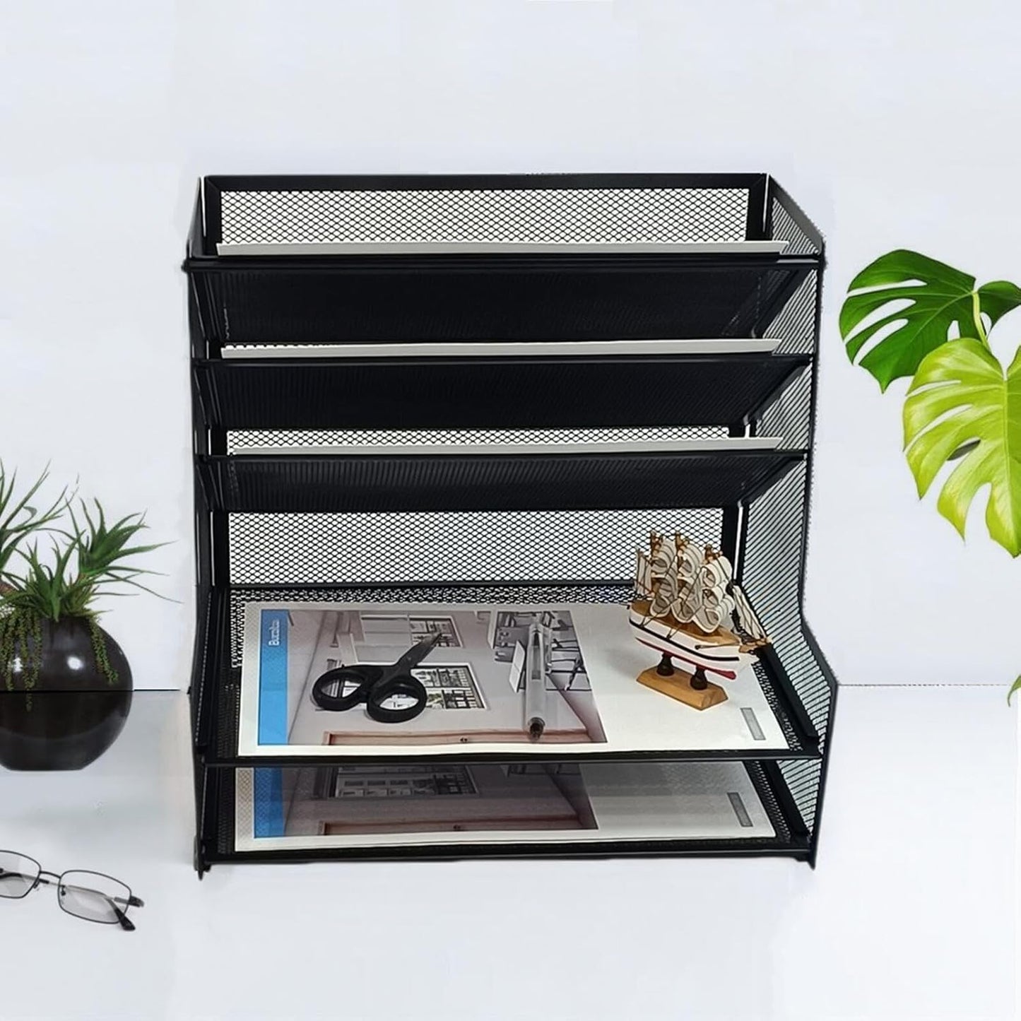 SETTFRFE Office Supplies Desk Organizer,Metal Desktop File Holder Organizer with 5 Tier Paper Tray,Black