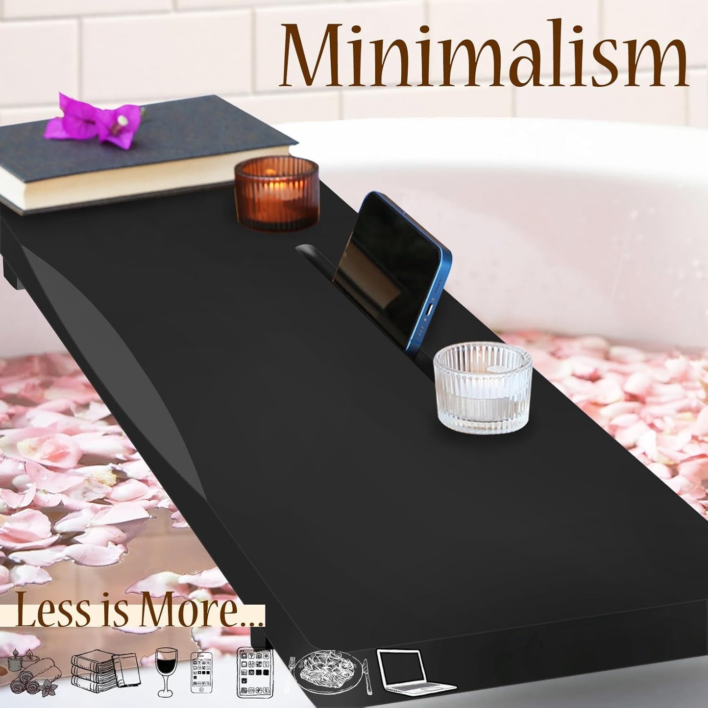 Stylish Black Bamboo Bathtub Tray Caddy with Adjustable Legs, Minimalistic Design Bath Tray for Tub, Bathtub Accessories, Fits Most Free Standing Bath Tubs, Idea for Women