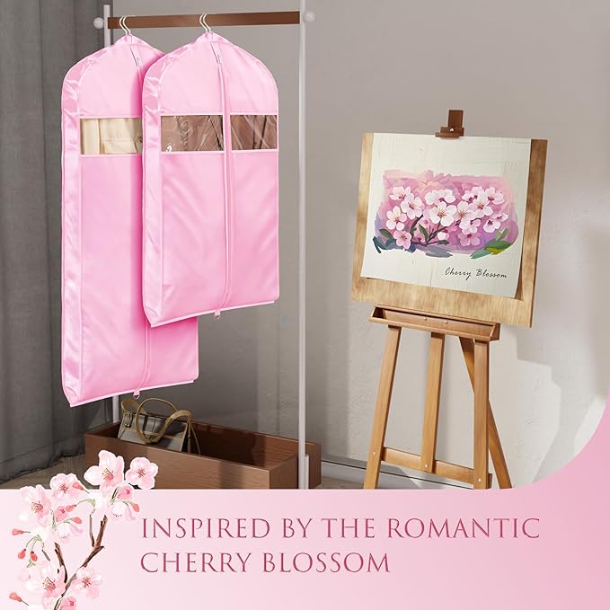 Univivi Super Soft Satin Garment Bags for Hanging Clothes, 60 Inch Zippered Dress Cover with Gussets, Breathable & Non-smell for Dresses, Coats, Jackets, Shirts, 2 Pack - Pink