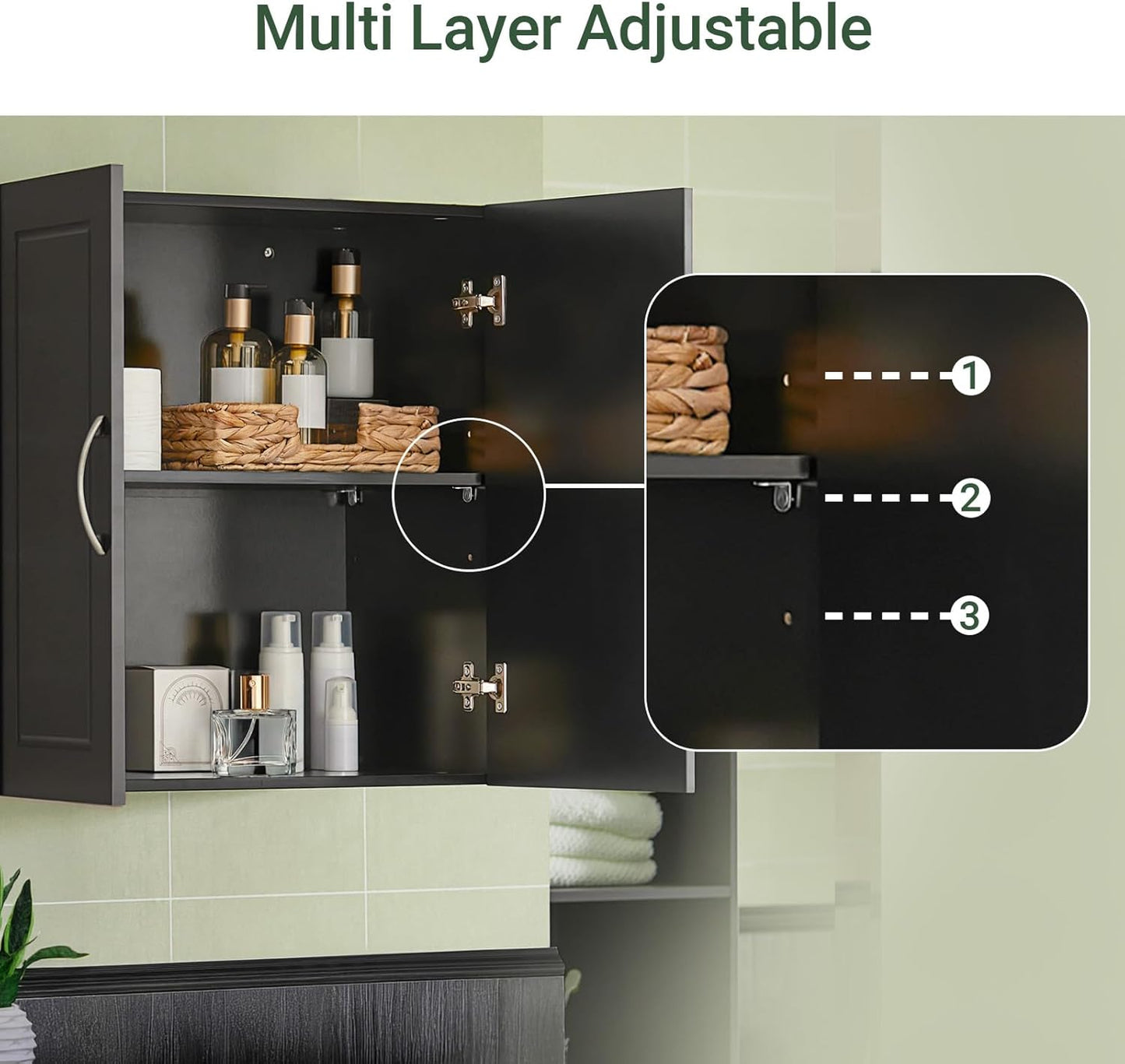 Black Wall Cabinet for Bathroom or Laundry Room, Wall Mounted Storage Cabinet with Doors and Shelf, MDF Organizer Over Toilet, HUS-FRG231