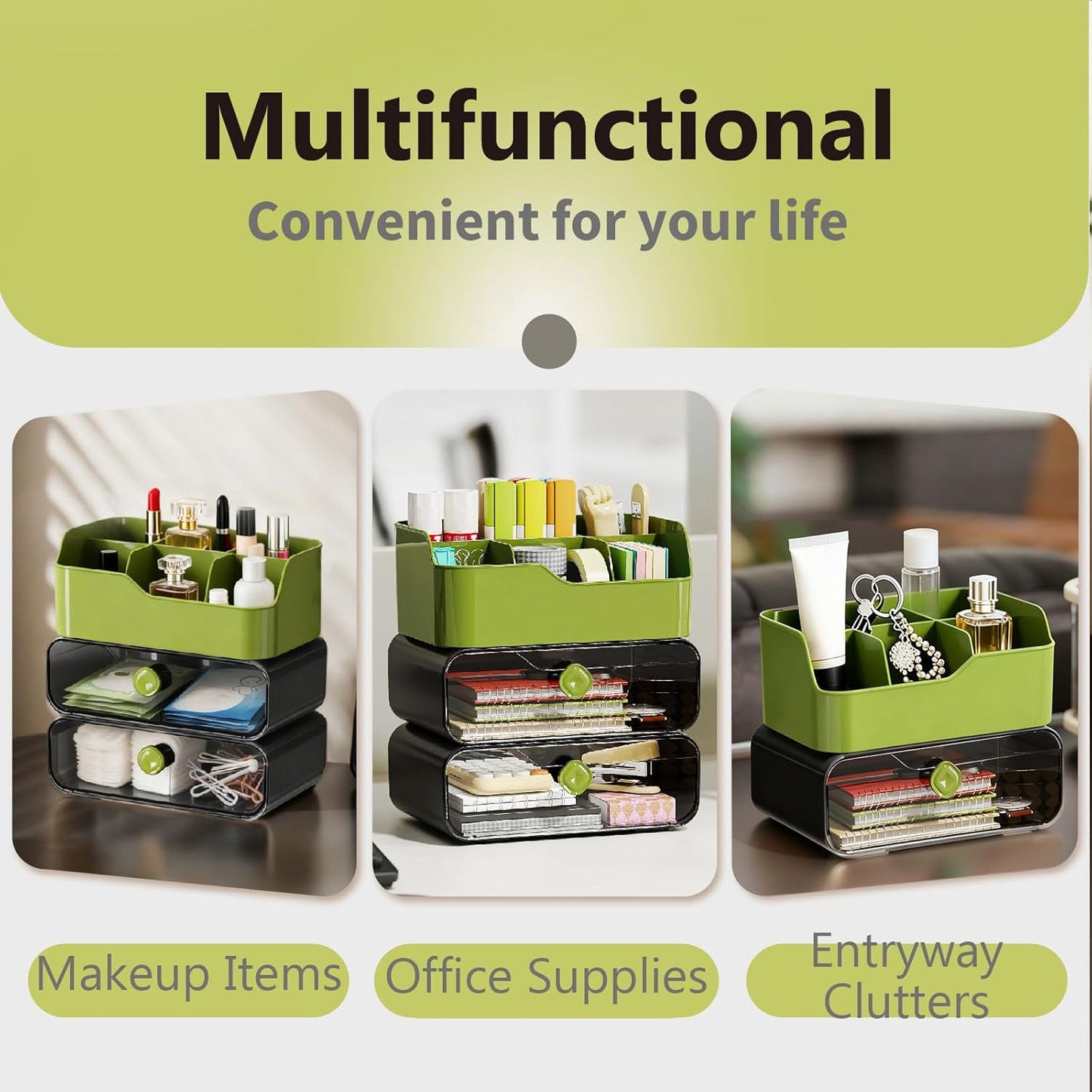 TEAMIX 3 Tier Desk Organizer with 2 Clear Drawers & 6 Slots, Stackable Desktop Drawer Organizer, Plastic Pencil Pen Holder Stationary Storage Makeup Organizer for Office/School/Art Supplies (Black)