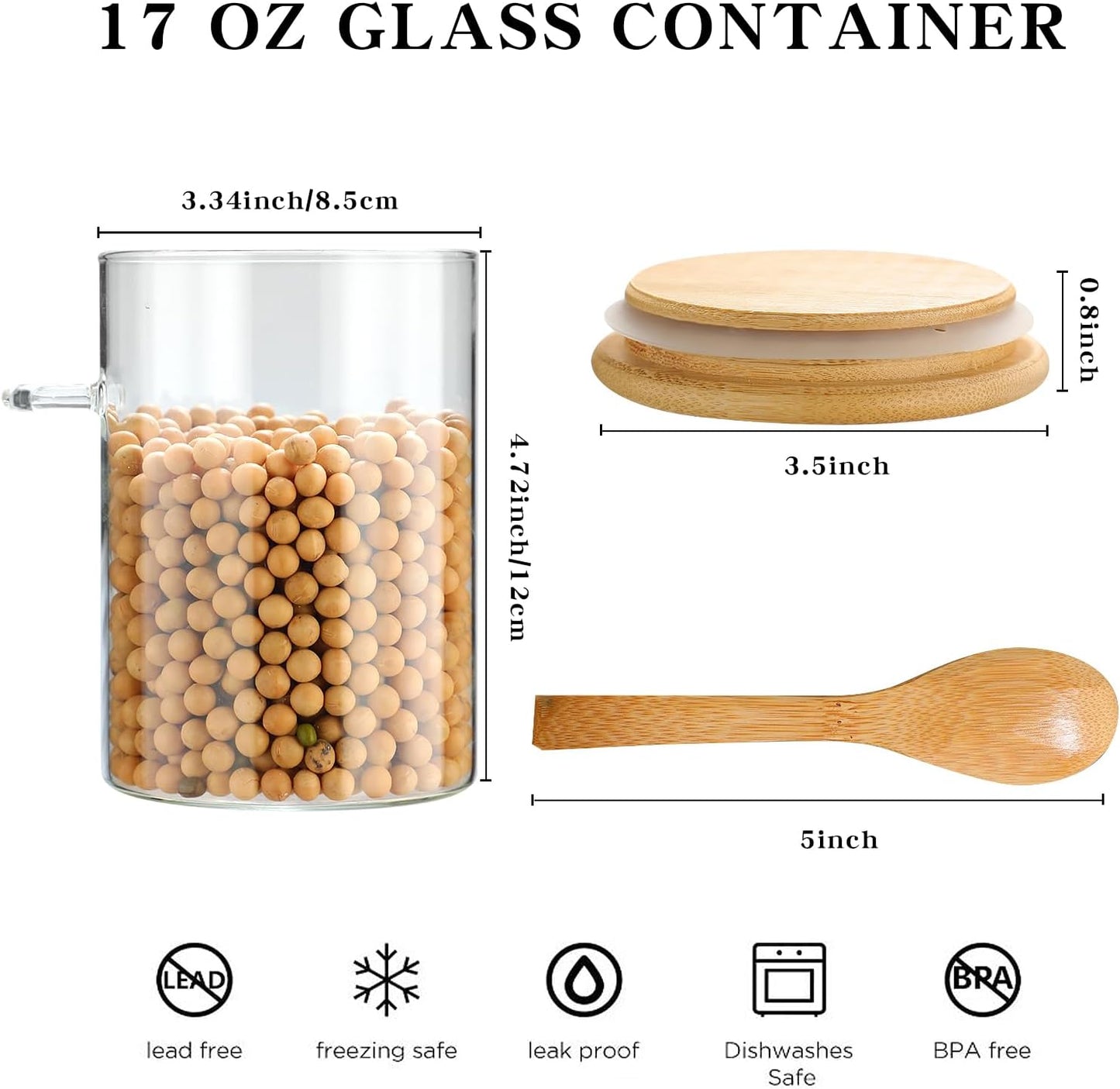 6 Pack Glass Jars with Bamboo Lids and Spoons for Loose Leaf Tea Storage, 17 OZ Overnight Oat Container with Lid and Scoop, Glass Canister Set as Tea Container for Loose Leaf Tea Holder