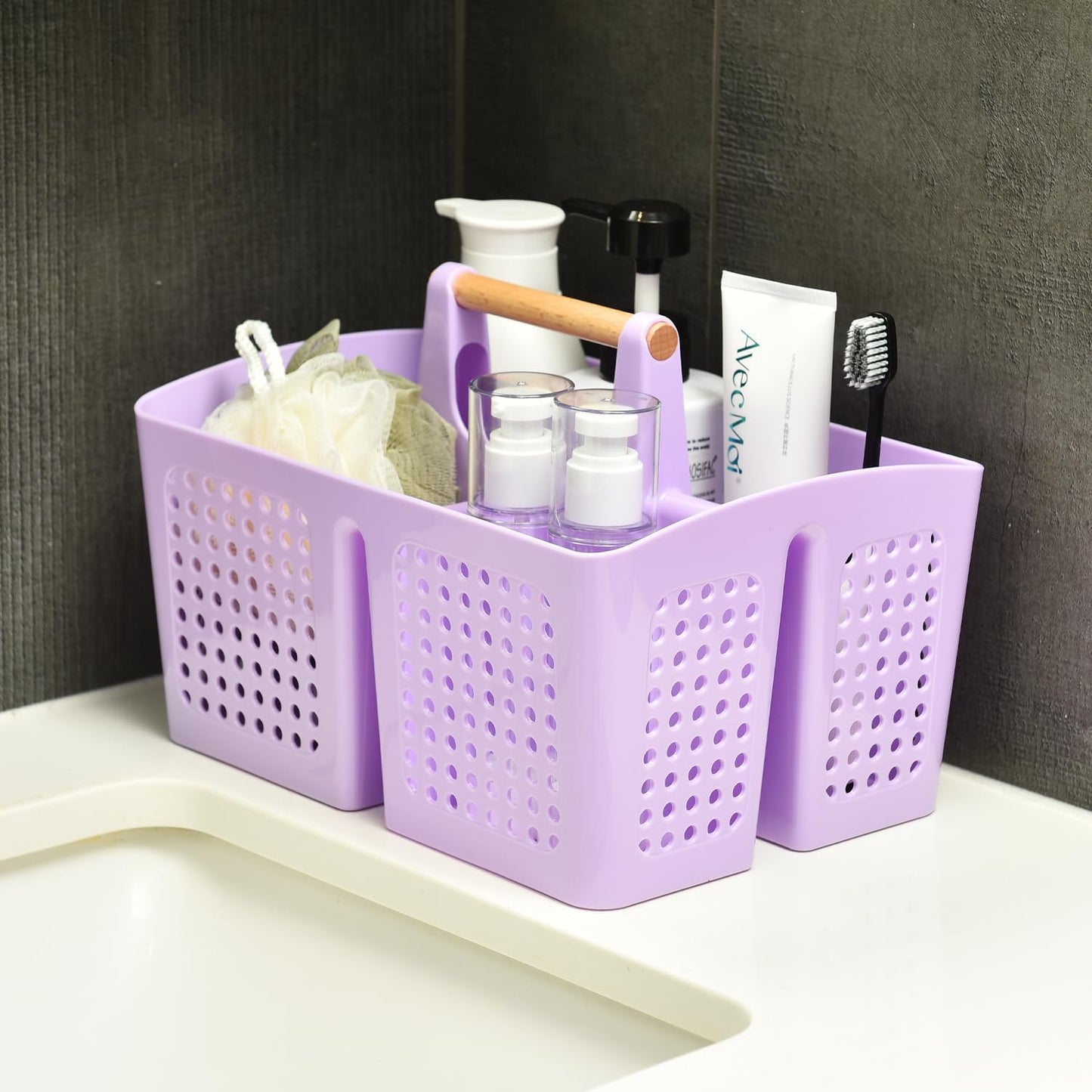Portable Shower Caddy Basket with Compartments, Plastic Divided Cleaning Caddy Organizer Storage Tote with Handle for Bathroom, College, Dorm Room Essentials, Purple