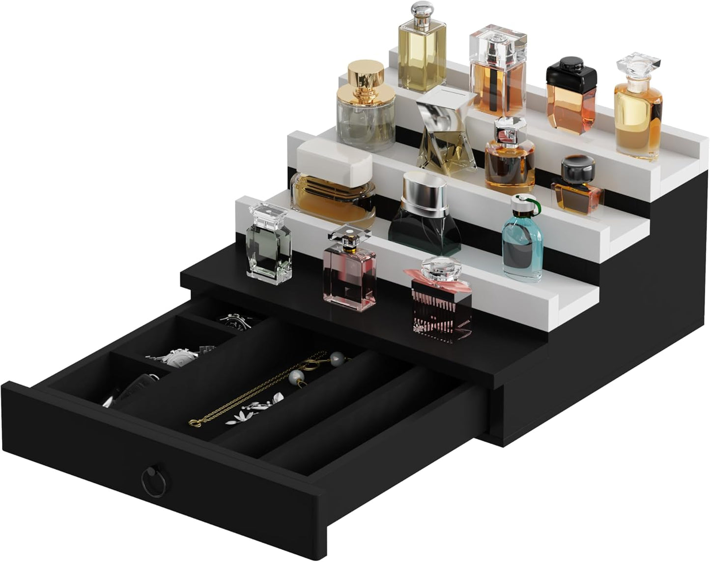 Blisse Cologne/Perfume Organizer, 4-Tier Storage Drawer with Hidden Compartments, Soft-Lined Display Case (Black with White)