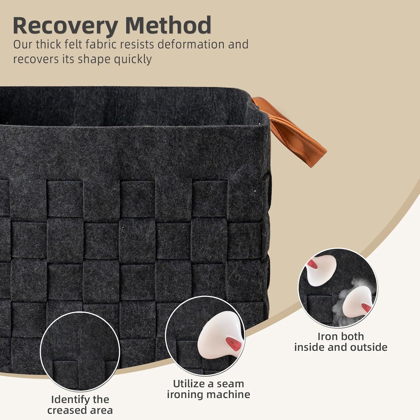 Storage Basket 3 Pack, 13" x13" x13 " Large Blanket Baskets with Leather Handle, Cube Felt Fabric Storage Box for Shelves, Bedroom, Nursery, Living Room - Dark grey