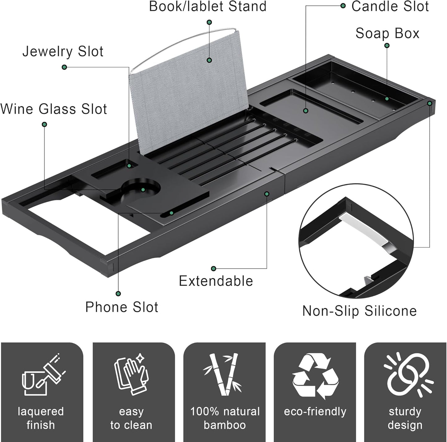 Foldable Bathtub Caddy Tray for Tub,Bamboo Expandable Bath Table Trays,Premium Bathroom Accessories for New Home & Mothers Day & Birthday Gifts for Couples,Black