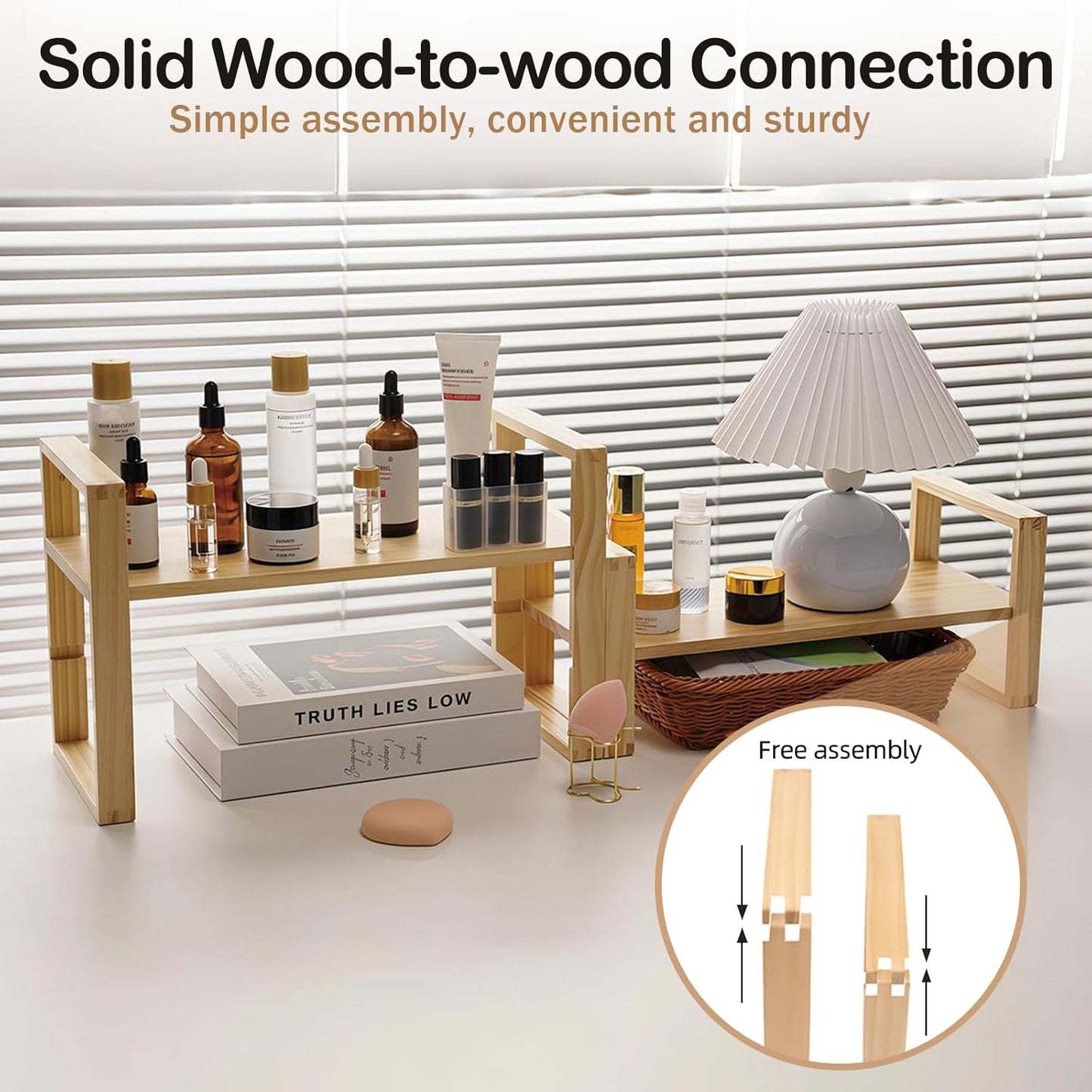 Upgraded Desktop & Off-Surface Shelves, No Tools Assembly Interlocking Joints for Enhanced Stability, Solid Pine Wood, 130lb Load Capacity for Office, Books, Bathroom Storage