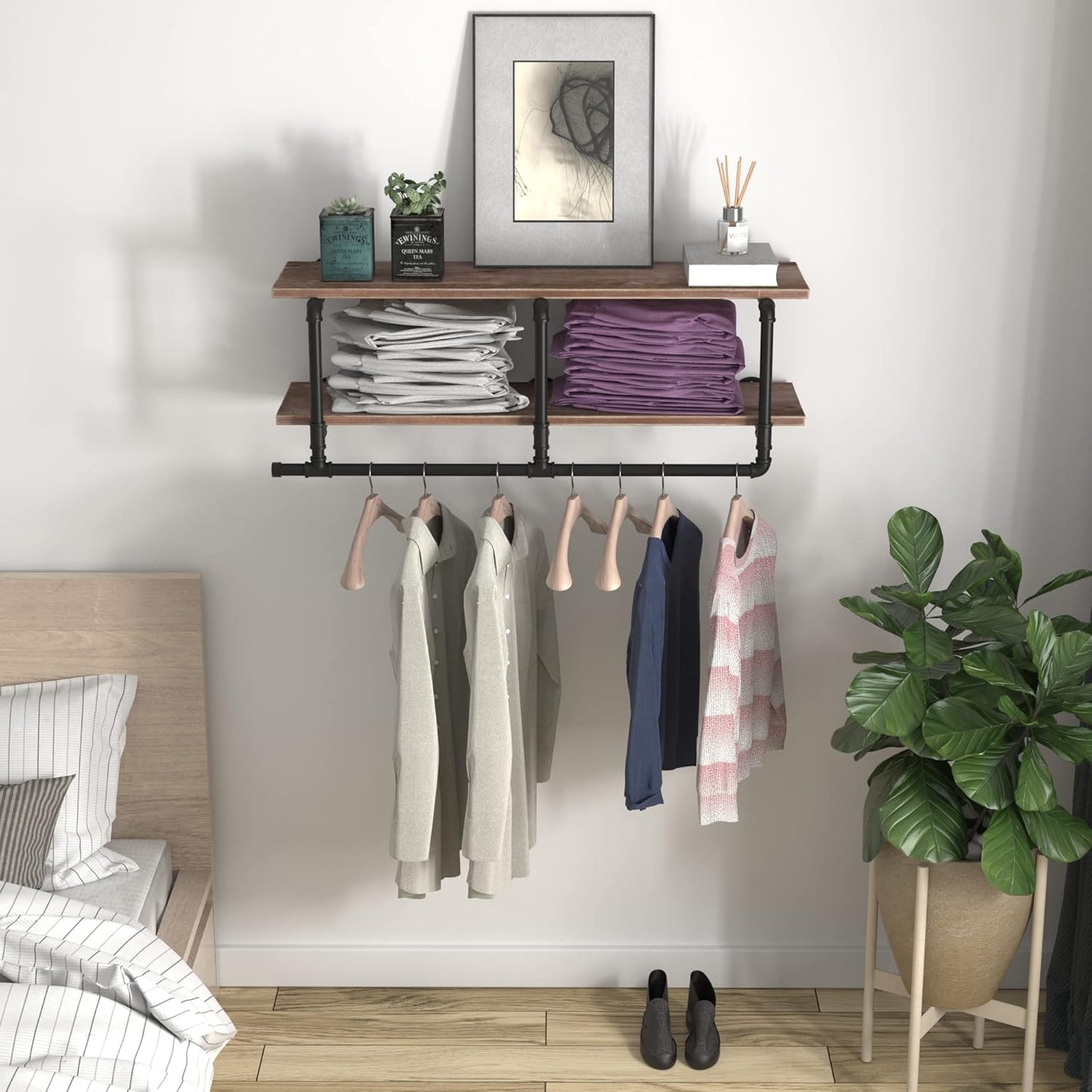 Industrial Pipe Clothing Rack with Top Shelf, Space-Saving Wall Mounted Clothes Rack 2 Tiers, Shelf with Hanging Rod for Closet Storage, Laundry Room. (2Tier, Brown)