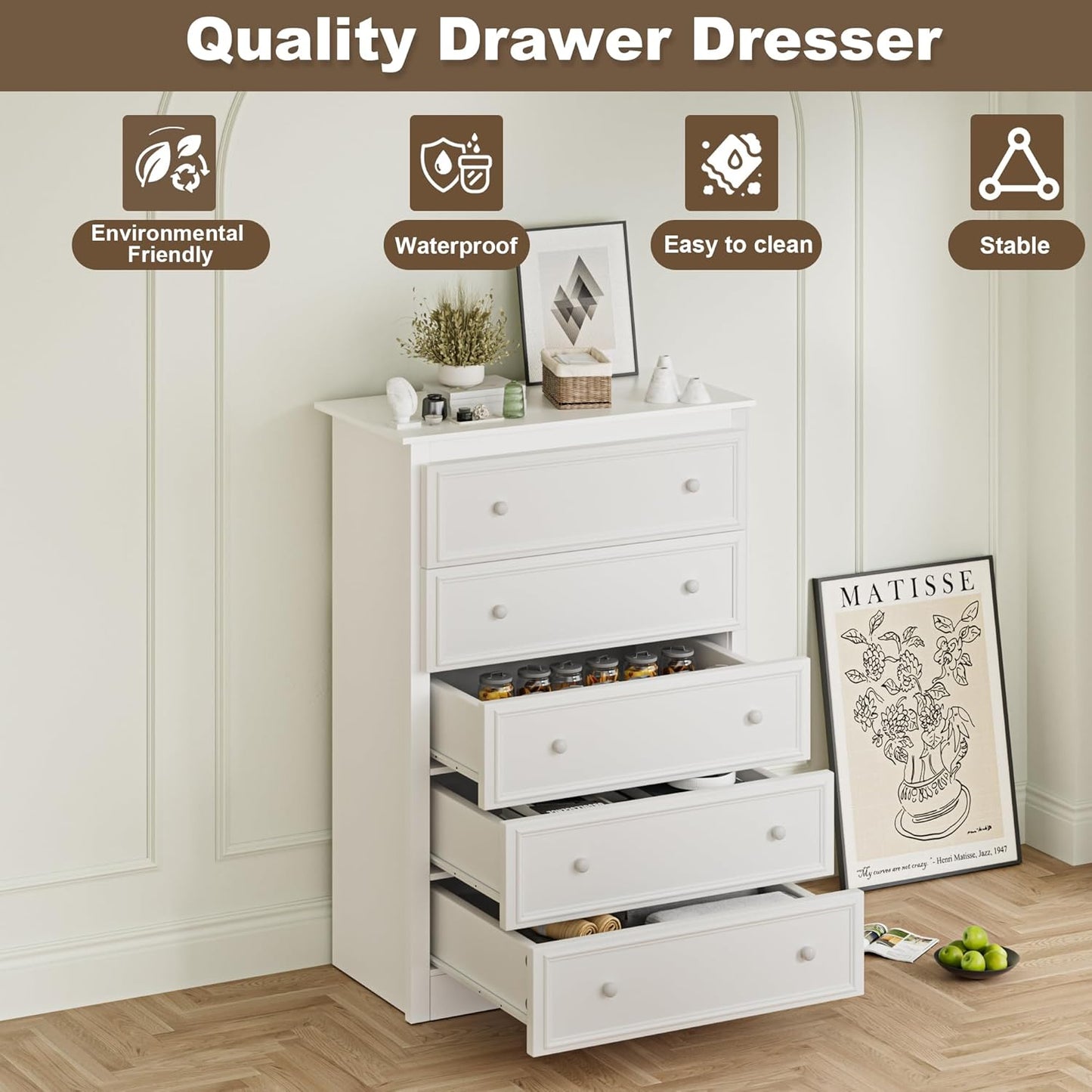 5 Drawer Dresser for Bedroom, Tall Wooden Chest of Drawers with Spacious Top, Modern Storage Organizer Cabinet for Closet, Nursery, Living Room, 15.7" D x 31.5" W x 45.7" H (White)