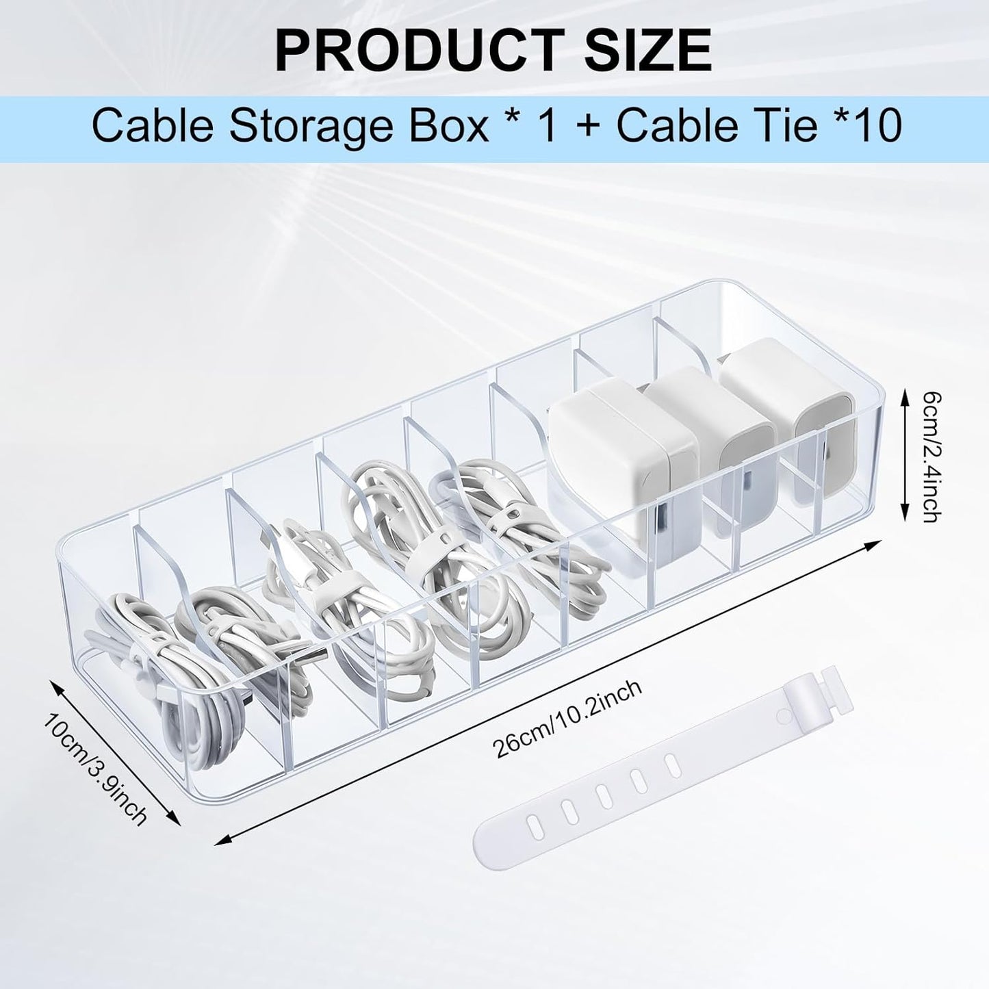Tatuo 1 Pcs Cable Organizer with 10 Wire Ties, Plastic Cord Storage Charger Box Electronics Organizer with Adjustment Compartments Cable Storage for Drawer Home Office Desk Accessories (Clear)
