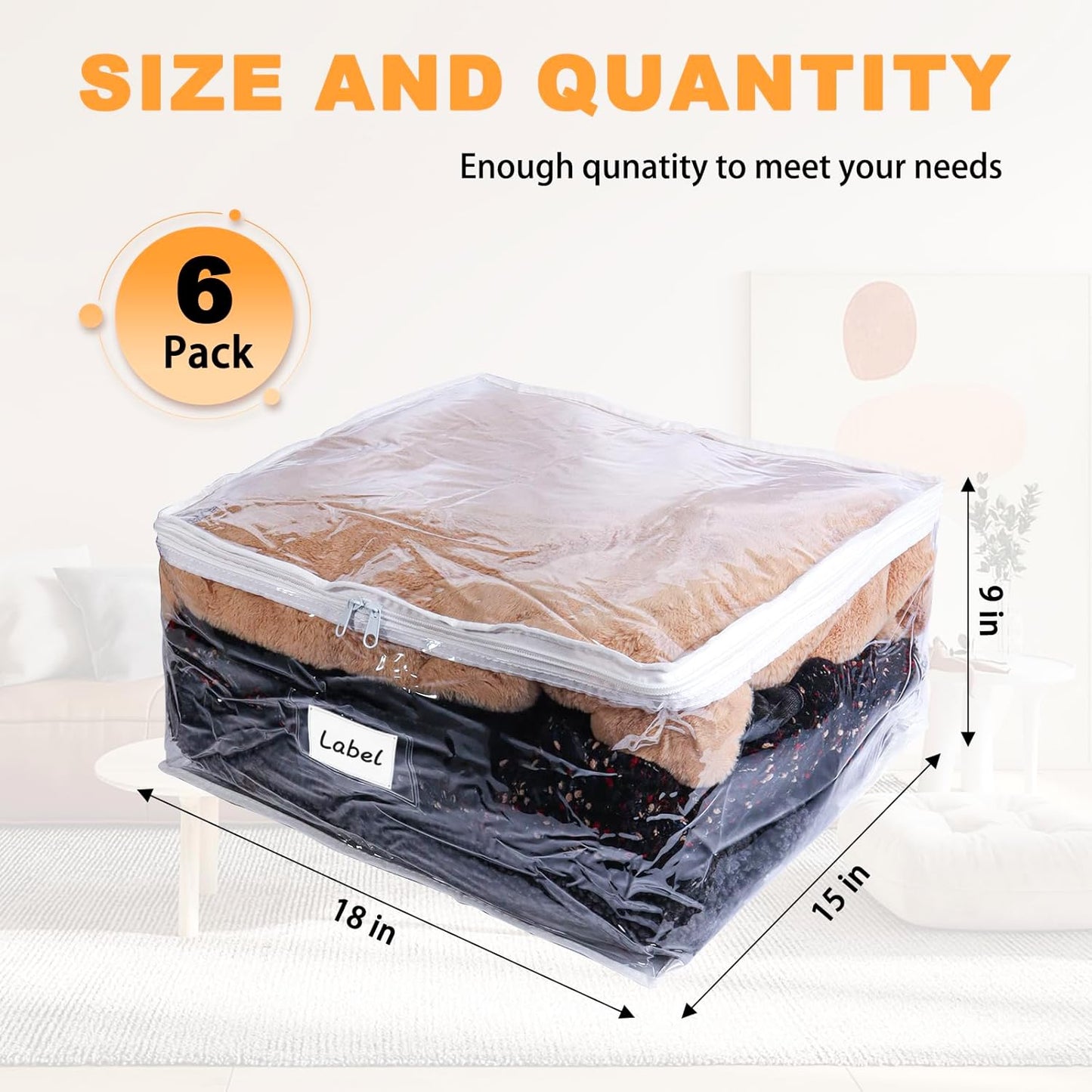 Clear Zippered Storage Bags Plastic Sweater Storage Bags with Zipper 6 Packs Clothing Organizer for Blankets Linen Sweater Bed Sheet Quilt Clothes Pillow (18 x 15 x 9 Inch)