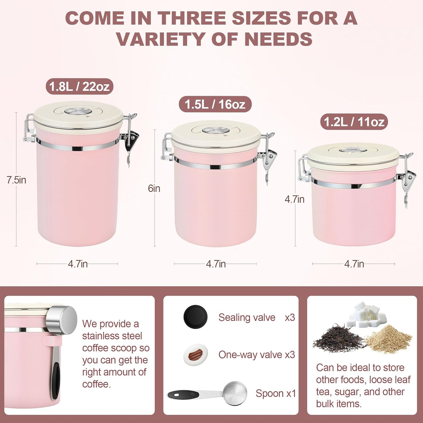 ShanSon Coffee Canister Airtight Coffee Container Stainless Steel Coffee Bean Storage Container with Scoop Coffee Canister for Beans Grounds Sugar Flour Tea Cereal,22OZ, Pink