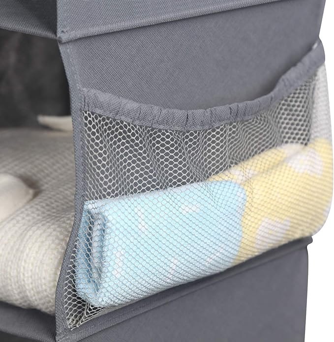 MAX Houser 4-Shelf Hanging Closet Organizer, Space Saver, Cloth Hanging Shelves with 2 Side Pockets, Foldable (Grey)