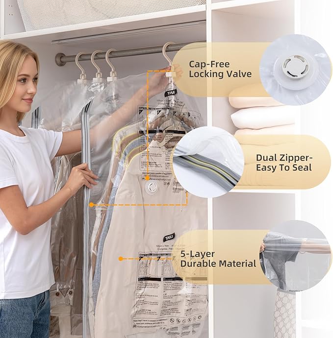 TAILI Hanging Vacuum Storage Sealer Bags Space Saver Bag for Clothing, Suits and Jackets, Closet Organizers, Travel, Set of 4 (2 Long, 2 Short), Clear