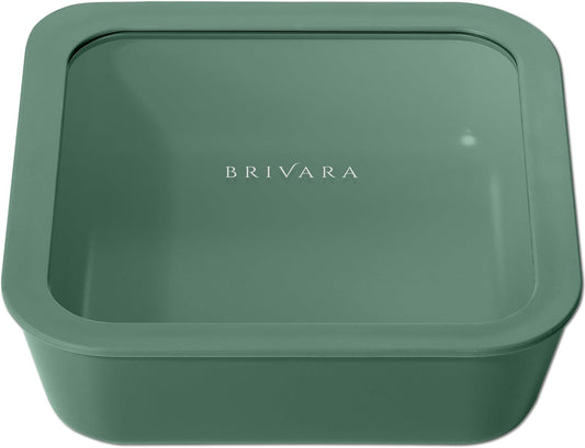 Ceramic Coated Glass Food Storage Container | No PTFE, PFOA, PFAS, and BPA | Reusable Non Toxic Meal Prep Container with Glass Lid | Easy To Store | 8 Cup Square [Pine]