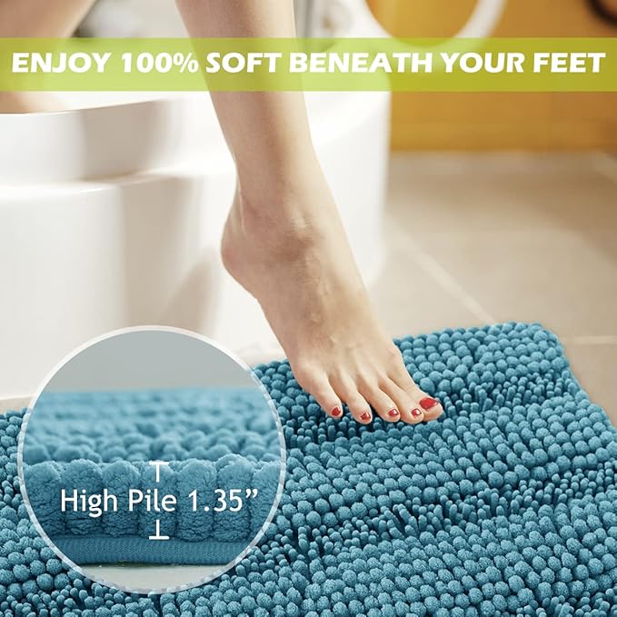 KGORGE Absorbency Bathroom Rugs - Non-Slip Chenille Shower Mats Washable Quick Drying Ultra Soft Plush Area Carpet for Bathtubs Spa, Bluish Green, 47" W x 24" L, 1Pc