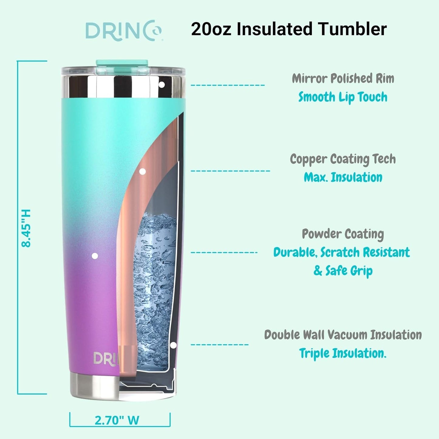Drinco - 20 oz Stainless Steel Tumbler | Double Walled Vacuum Insulated Mug With Lid, 2 Straws, For Hot & Cold Drinks (20oz Ombre Fuschia Teal, 20oz)