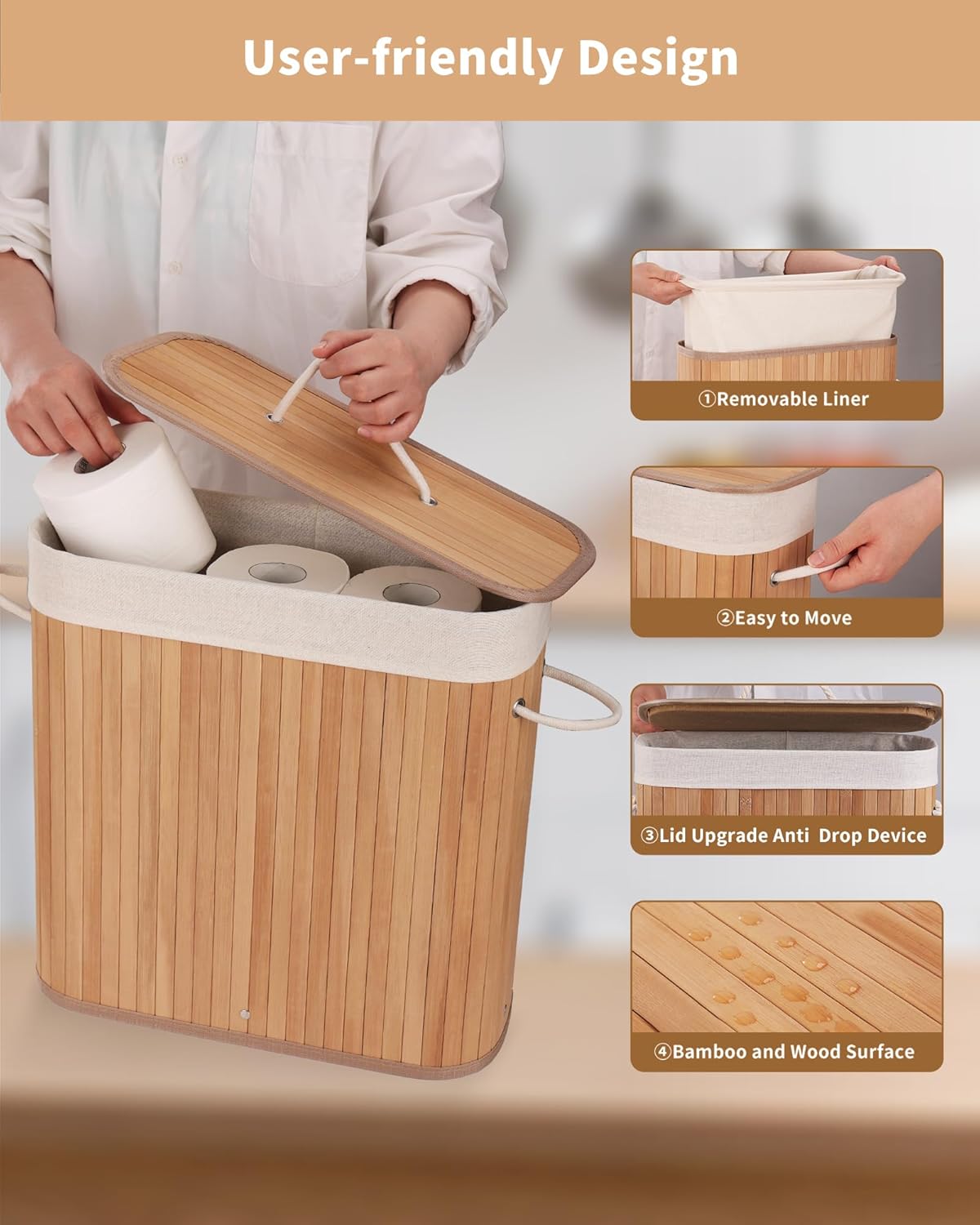 Bamboo Toilet Paper Storage with Lid & Handel, 8 Gallons (30L), Sturdy Toilet Paper Basket, Organizer for Bathroom, Kitchen, Holder with Storage, Natural