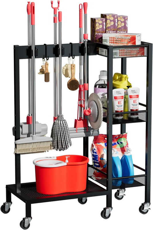 Broom and Mop Holder with Wheels, Large Capicity Cleaning Supplies Organizer with 3-tier Storage Shelf, Cleaning Rack with Hanger Grippers Hooks, Narrow Housekeeping Rack for Laundry Room Garage