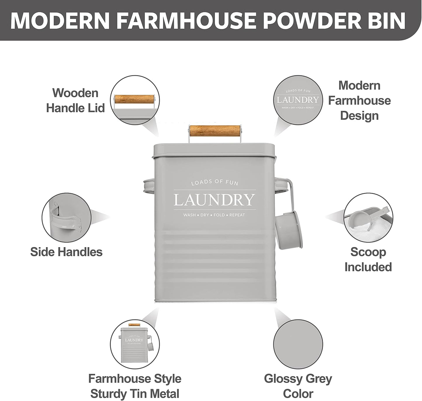 Calindiana Modern Farmhouse Metal Laundry Soap Dispenser Container Holder with Scoop for Laundry Room Decor and Space Saving Laundry Room Organization and Storage, Laundry Powder Container, Grey