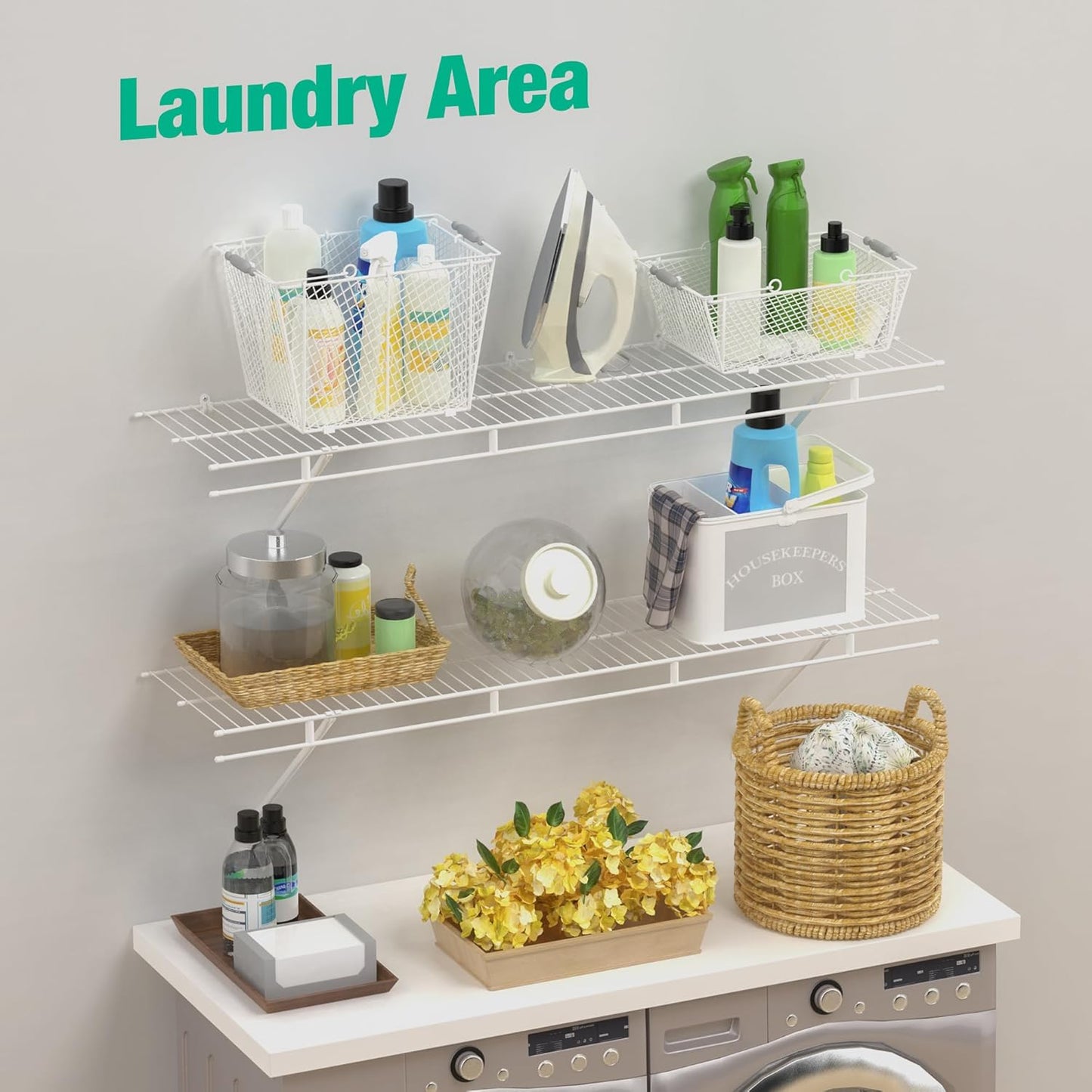 HAUSHOF Closet Shelves Wall Mounted 2-Pack, 4 ft x 12in White Wire Shelving for Laundry Room, Closet, Basement Organization and Storage