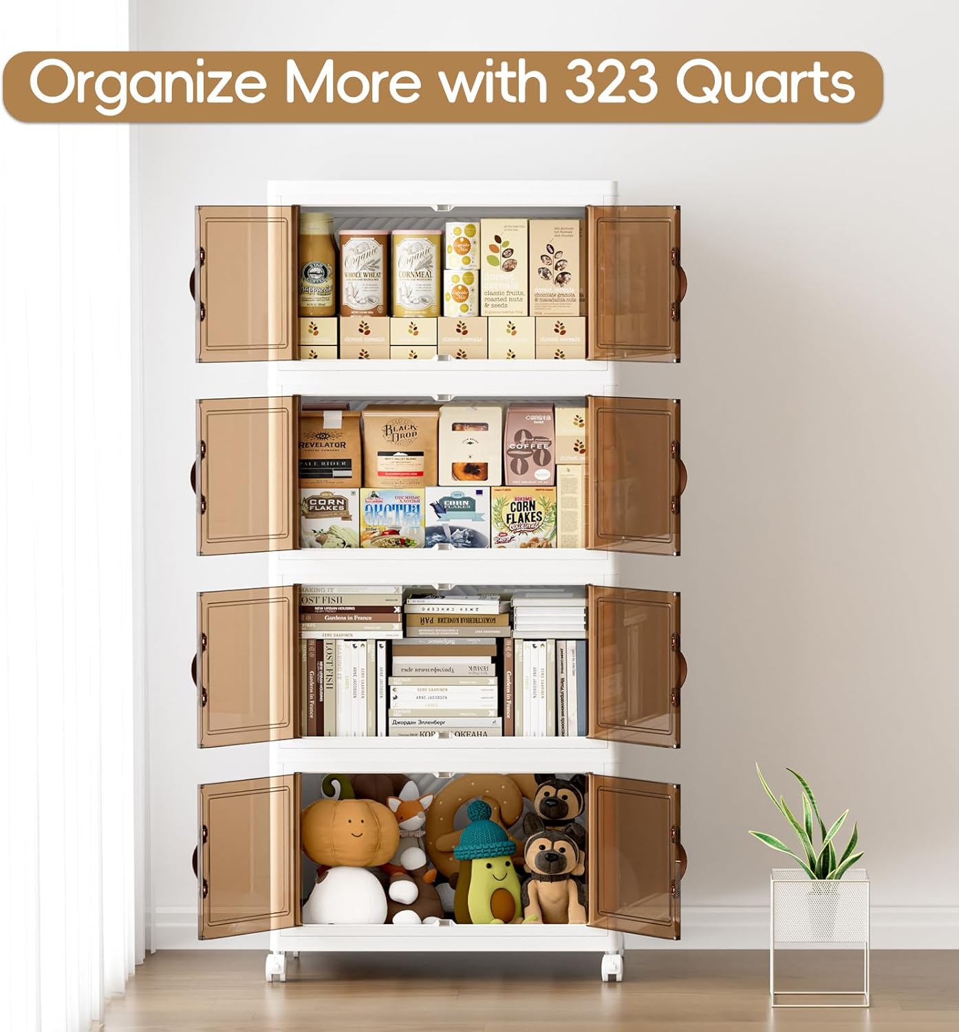 JEKO&JEKO 323Qt Stackable Storage Bins with Lids and Wheels, Foldable Collapsible Plastic Boxes for Clothes, Home, White, 4 Pack