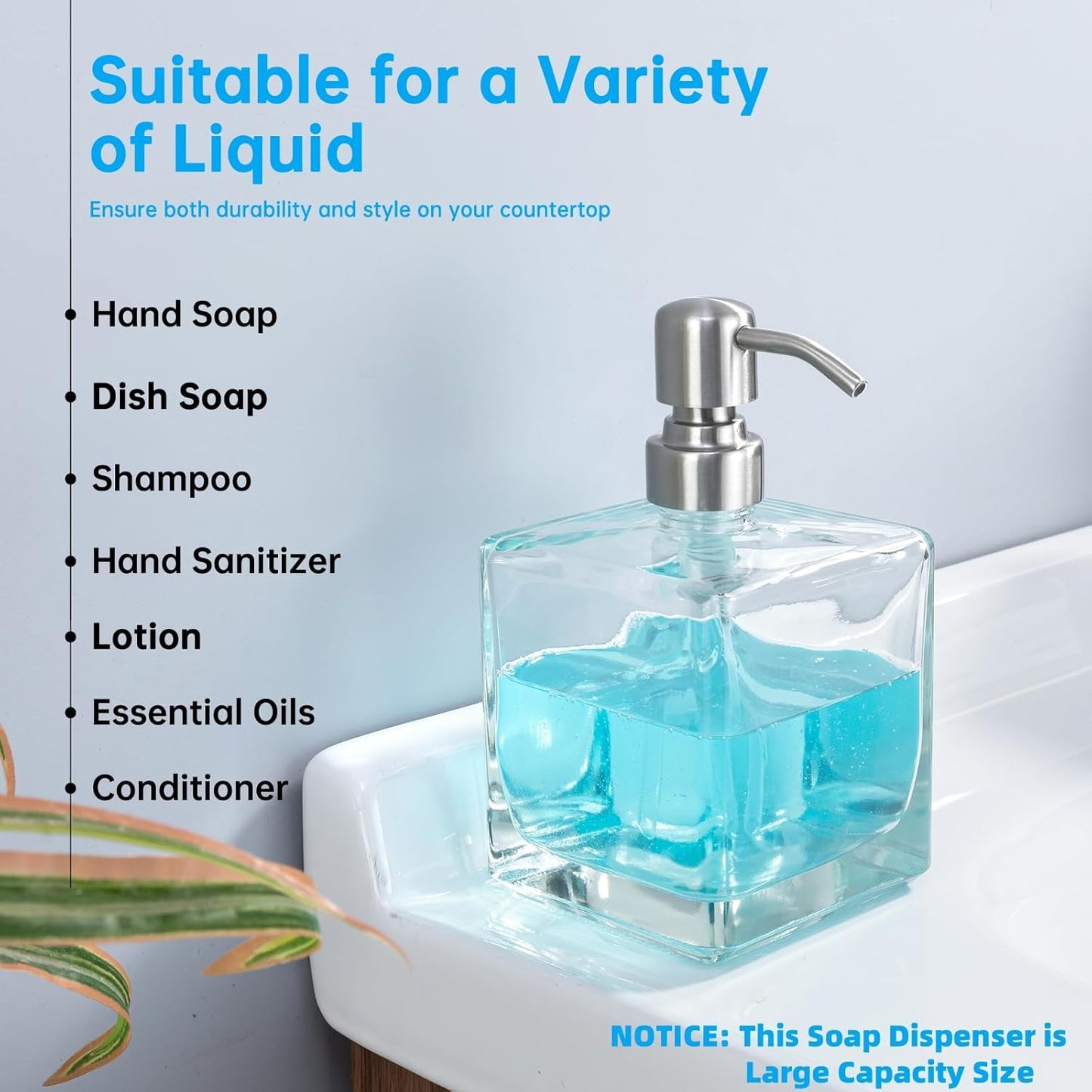 Square Bathroom Soap Dispenser Brushed Nickel, Large Capacity 16.9 oz Glass Bottles with Stainless Steel Pump Retangle Cube Liquid Soap Dispenser Kitchen