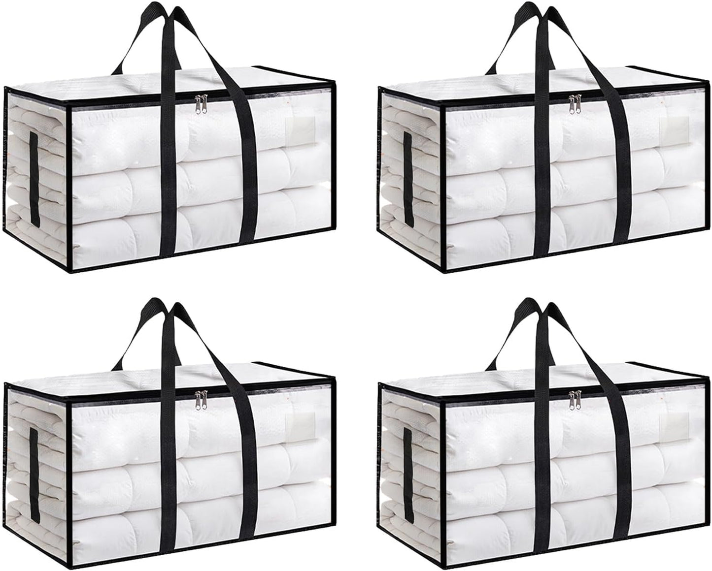 4 Pack-Extra Large Heavy Duty Moving Bags - Waterproof Storage Totes with Handles & Zippers, Foldable for College Dorm, Storage (Clear)
