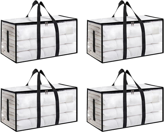 4 Pack-Extra Large Heavy Duty Moving Bags - Waterproof Storage Totes with Handles & Zippers, Foldable for College Dorm, Storage (Clear)