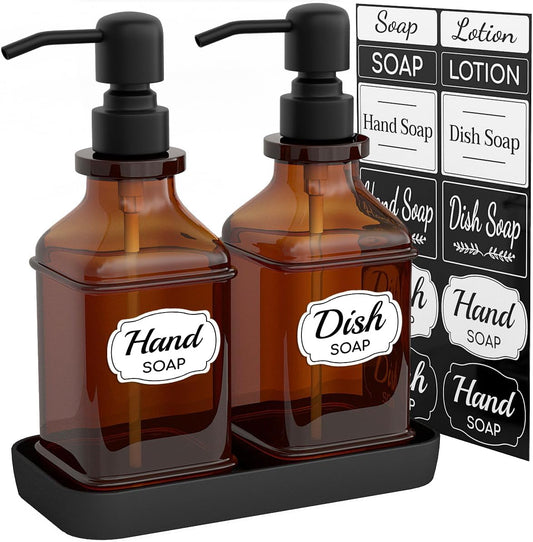 Soap Dispenser - 2 Pack, Antique Design Thick Amber Glass Hand Soap Dispensers with Sturdy Tray; 304 Rust Proof Stainless Steel Black Pump, 12Pcs Stickers, for Kitchen, Bathroom- Black
