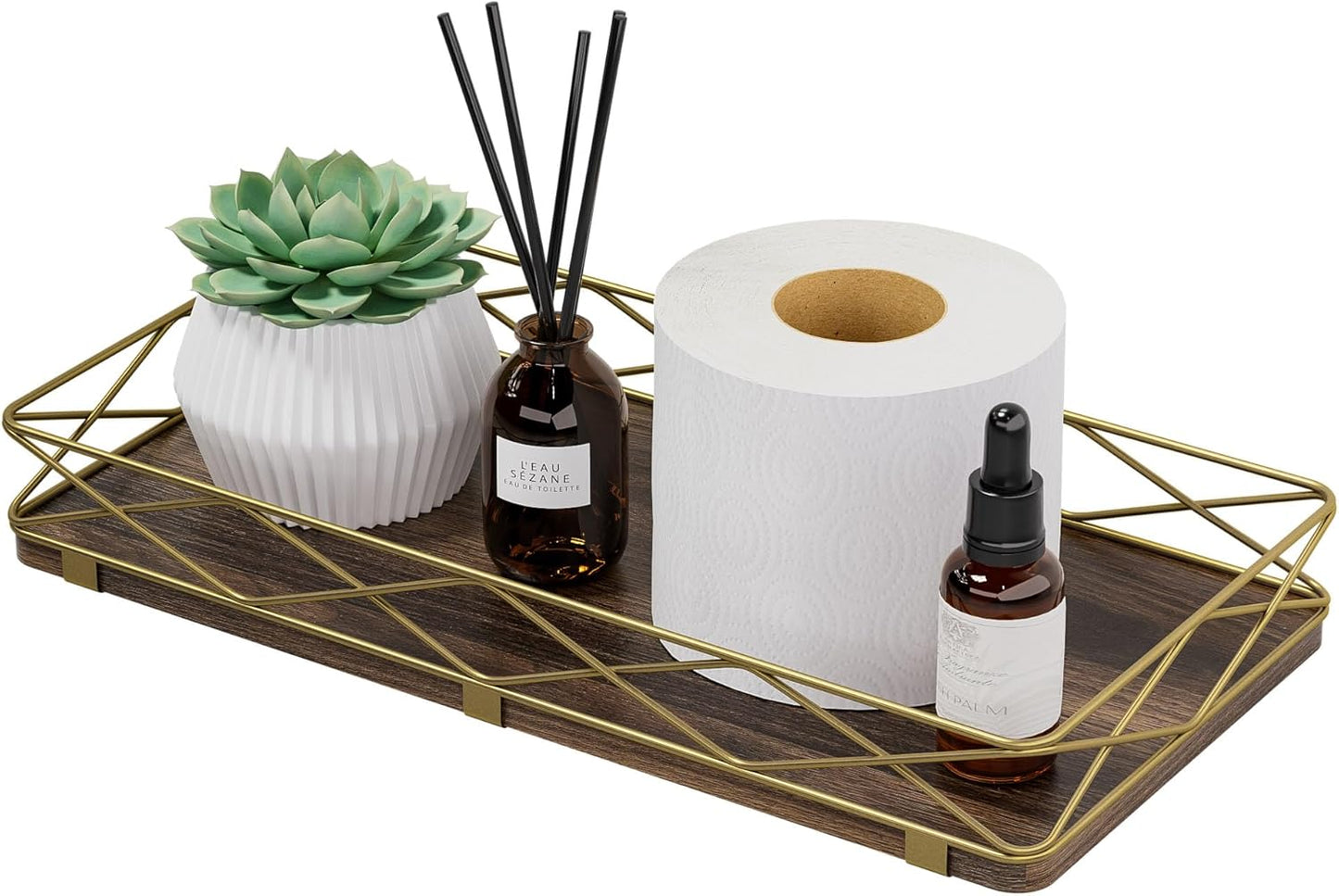 Toilet Paper Basket Holder, 13" Bathroom Tray Countertop, Wood and Metal Toilet Tank Tray Bathroom Vanity Organizer for Toiletry, Kitchen Sink Organizer for Soap Dispenser (Brown+Gold)