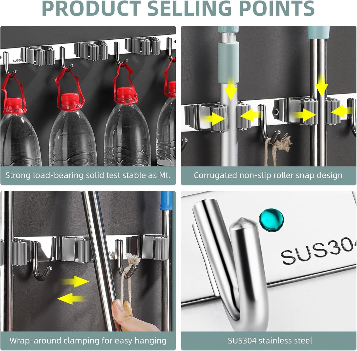 Stainless Steel Wall Mounted Storage Rack (5 Racks with 6 Hooks, Silver) for Kitchen, Bathroom, Laundry Room, Garage, Broom Cabinet, Indoor and Outdoor Use