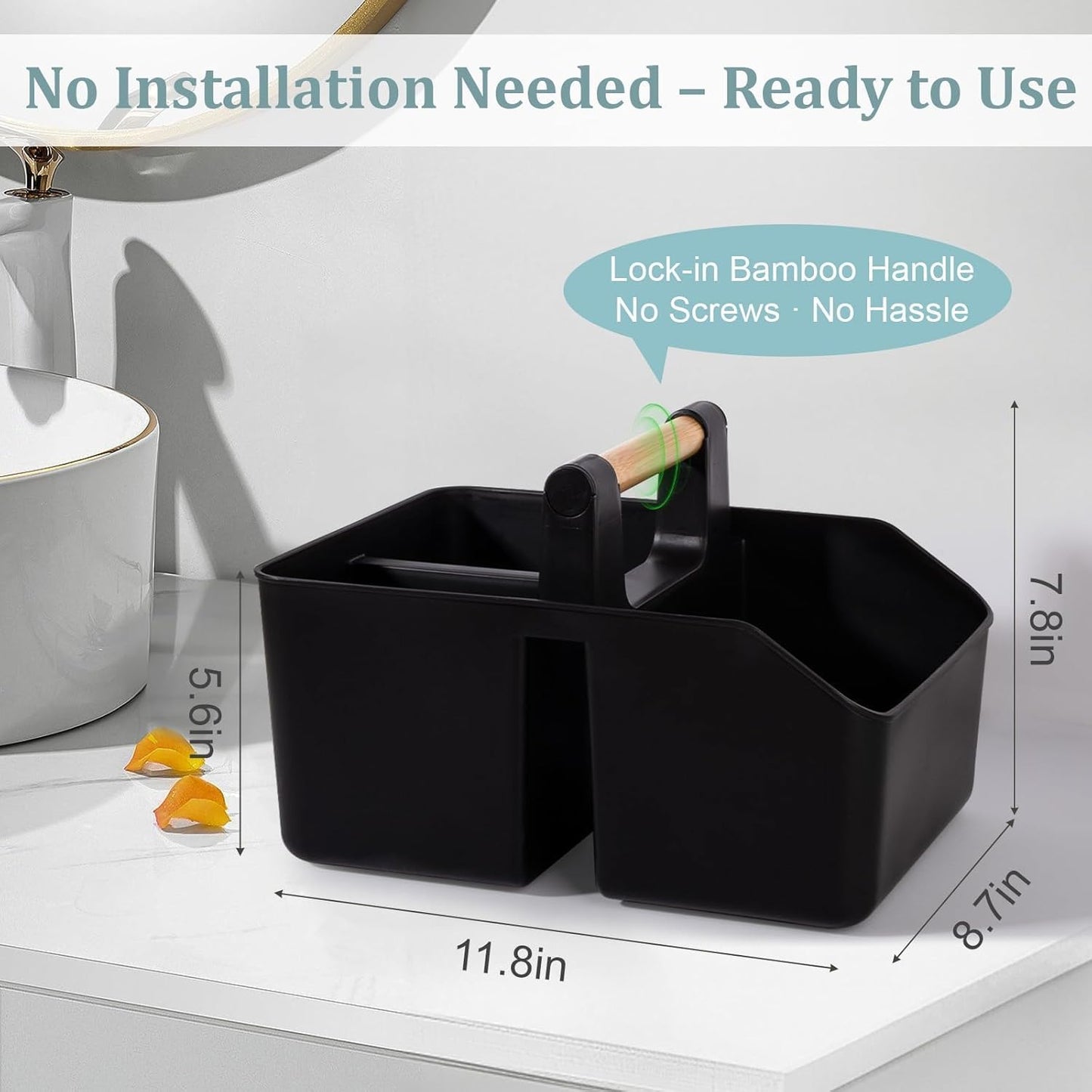 rejomiik Portable Shower Caddy Basket with Bamboo Handle, Plastic Cleaning Caddy Bathroom Organizer Tote for College Dorm Essentials, Bath Toy Storage, Black