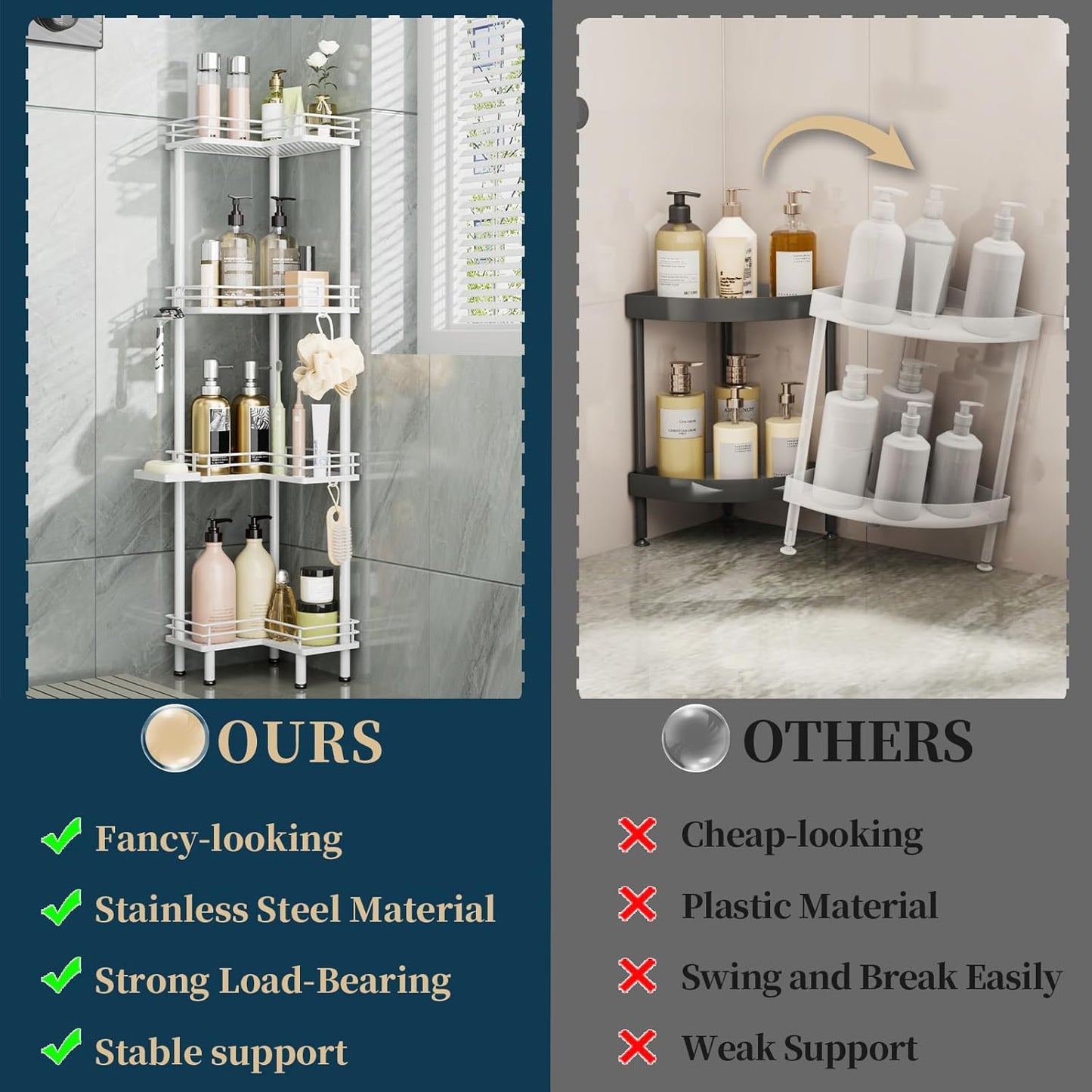 Consumest Corner Shower Caddy Standing - 4-Tier Stainless Steel Shower Organizer with Soap Holder and 4 Hooks, Large Capacity Corner Shelf Stand for Bathroom, Rest Room, White