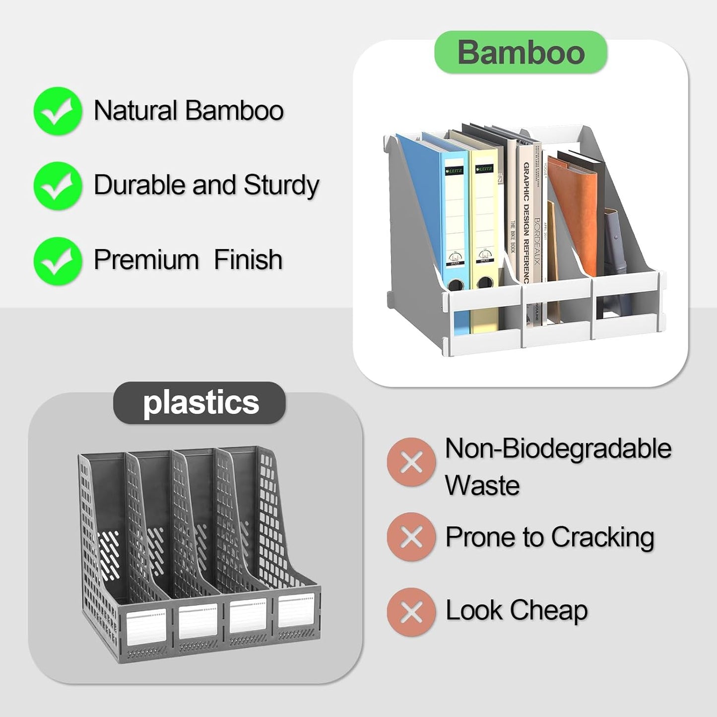 Bamboo Desktop Magazine Holder Desk File Organizer 3 Compartments Vertical File Dividers Book Holder Frames Document Cabinet Rack Storage Organizer Box for Home Office School Black (White)