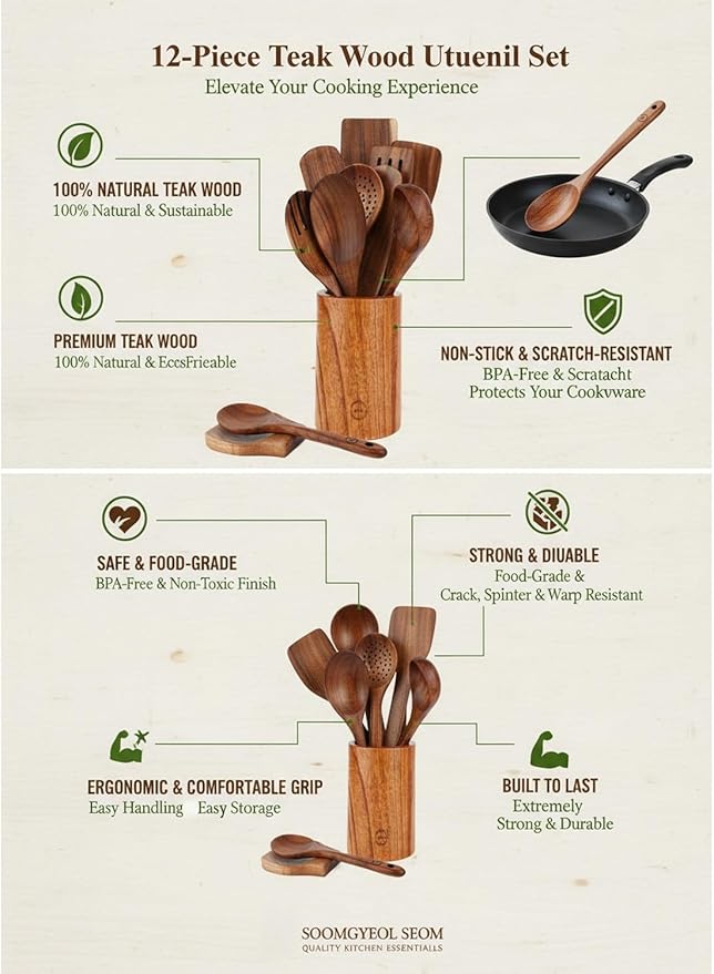 100% Natural Teak Wood Wooden Utensil Set – 12 Pcs Cooking Tools with Large Spoon Holder & Rest – Non-Stick, Heat Resistant, Durable, Food-Safe & Eco-Friendly Kitchen Gadgets