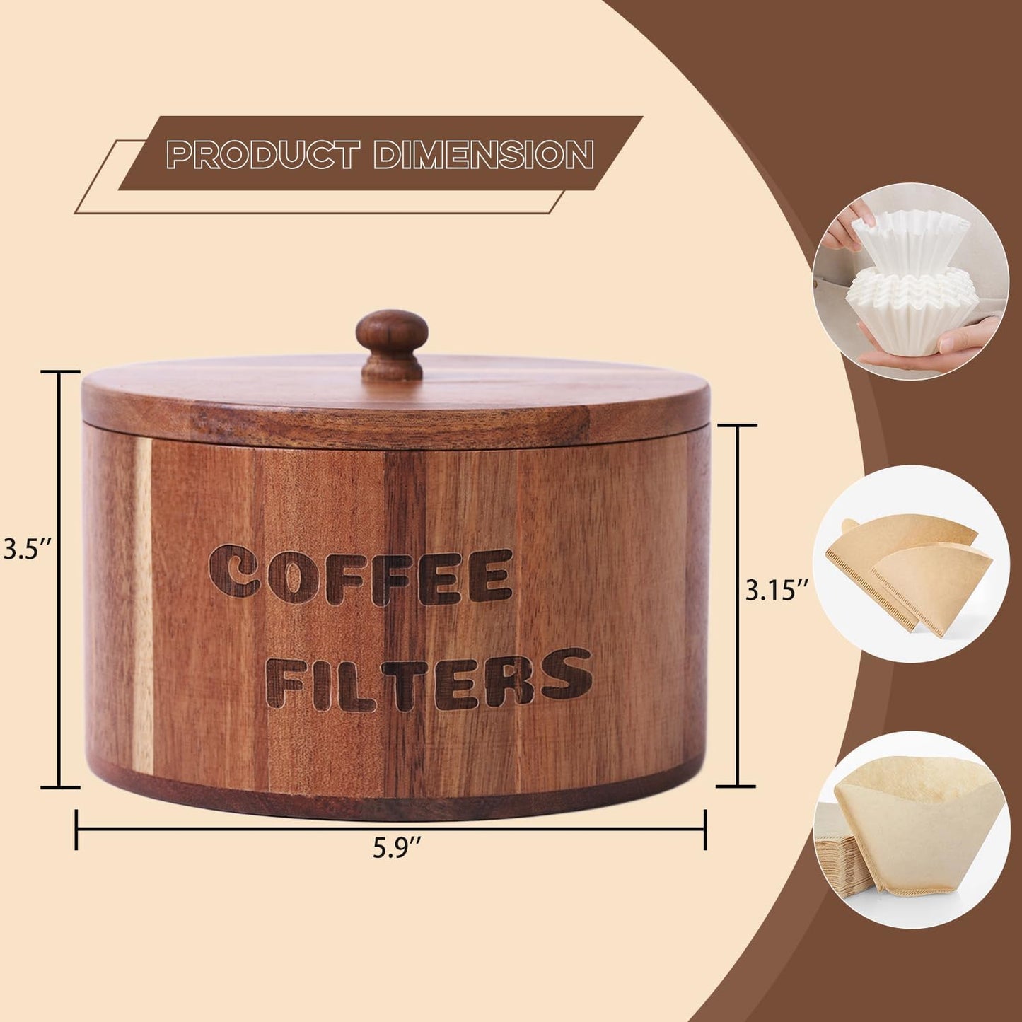 Natural Acacia Wood Coffee Filter Holder with Lid, Multi-Use Countertop Organizer for Coffee Filters, Pods, Beans - Rustic Kitchen Decor