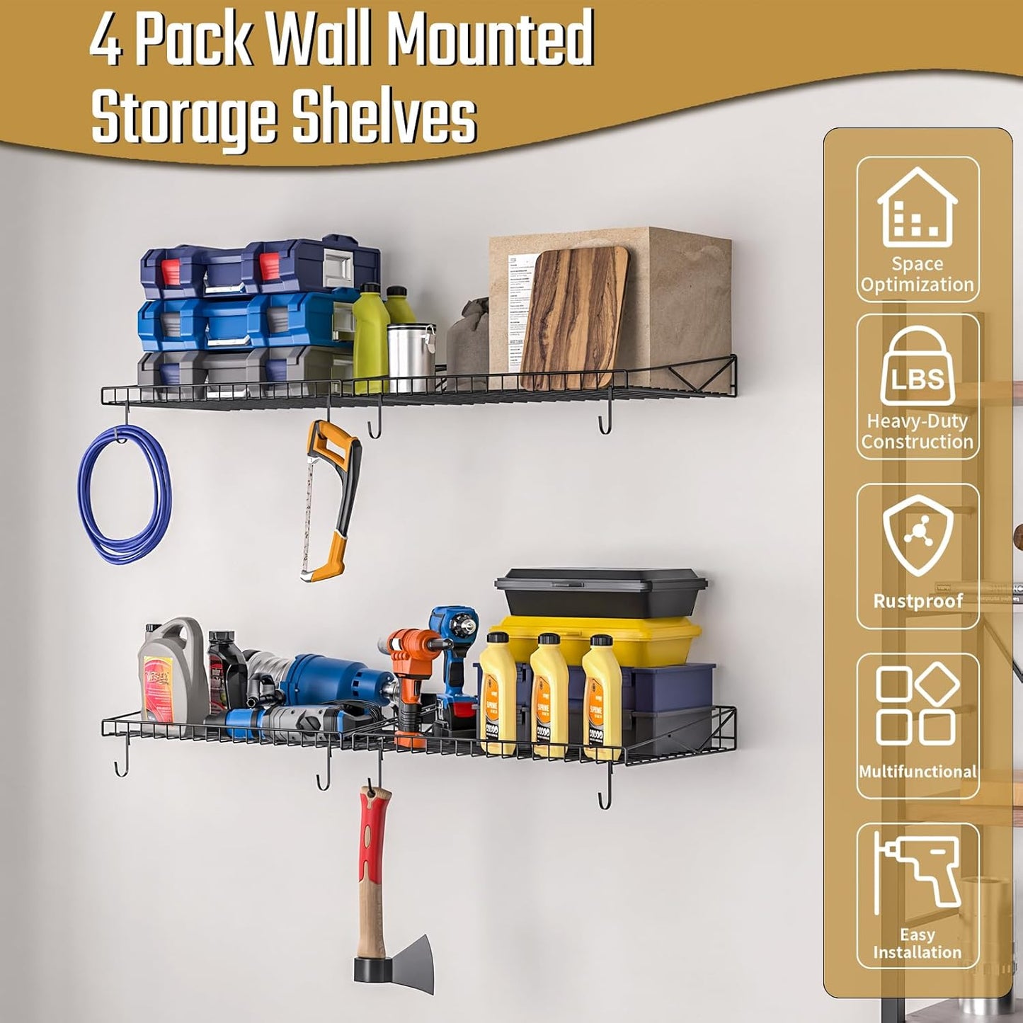 4 Pack Garage Wall Shelf, Garage Wall Mounted Shelving, Heavy Duty Floating Shelves With 8 Hooks, Loads 180 LBS Black Wall Shelves Mesh Storage Rack for Office, Basement, Wall Cabinet and Kitchen