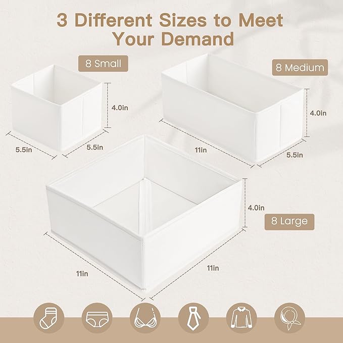 Criusia Drawer Organizer Clothes, 24 Pack Dresser Organizer for Baby Clothes, Underwear, Sock- Foldable Closet Organization and Storage Dividers Bins for Nursery, Bedroom and Dorm (White)